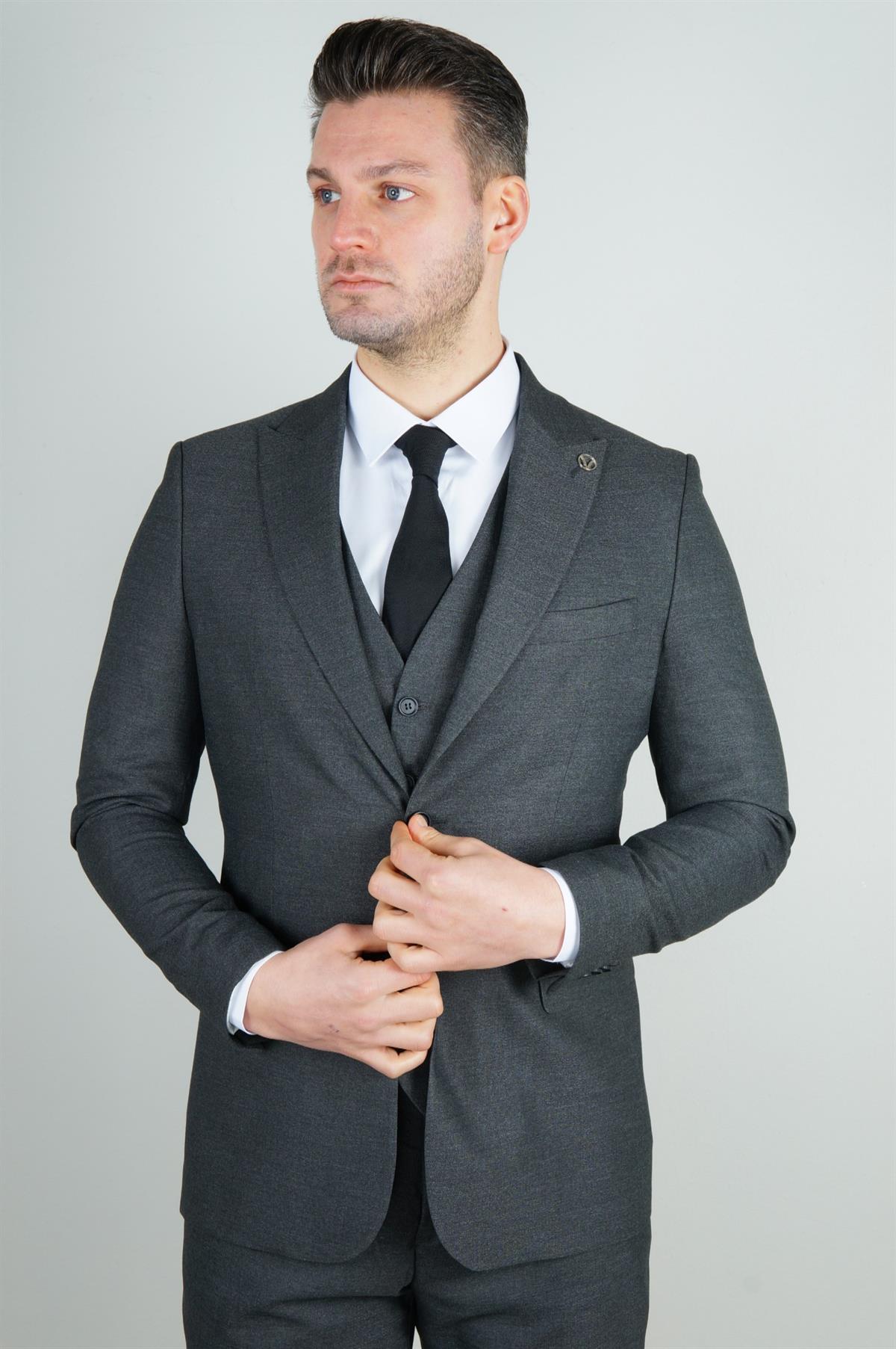 Maserto Slim Fit Koyu Gri Yelekli Takım Elbise Düz Desenli