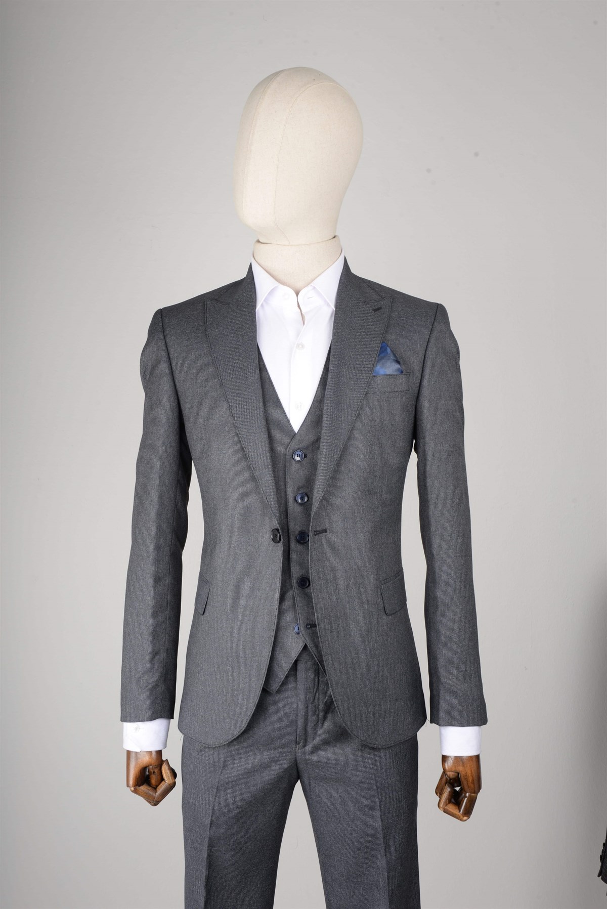 Maserto Slim Fit Koyu Gri Yelekli Takım Elbise Kendinden Desenli