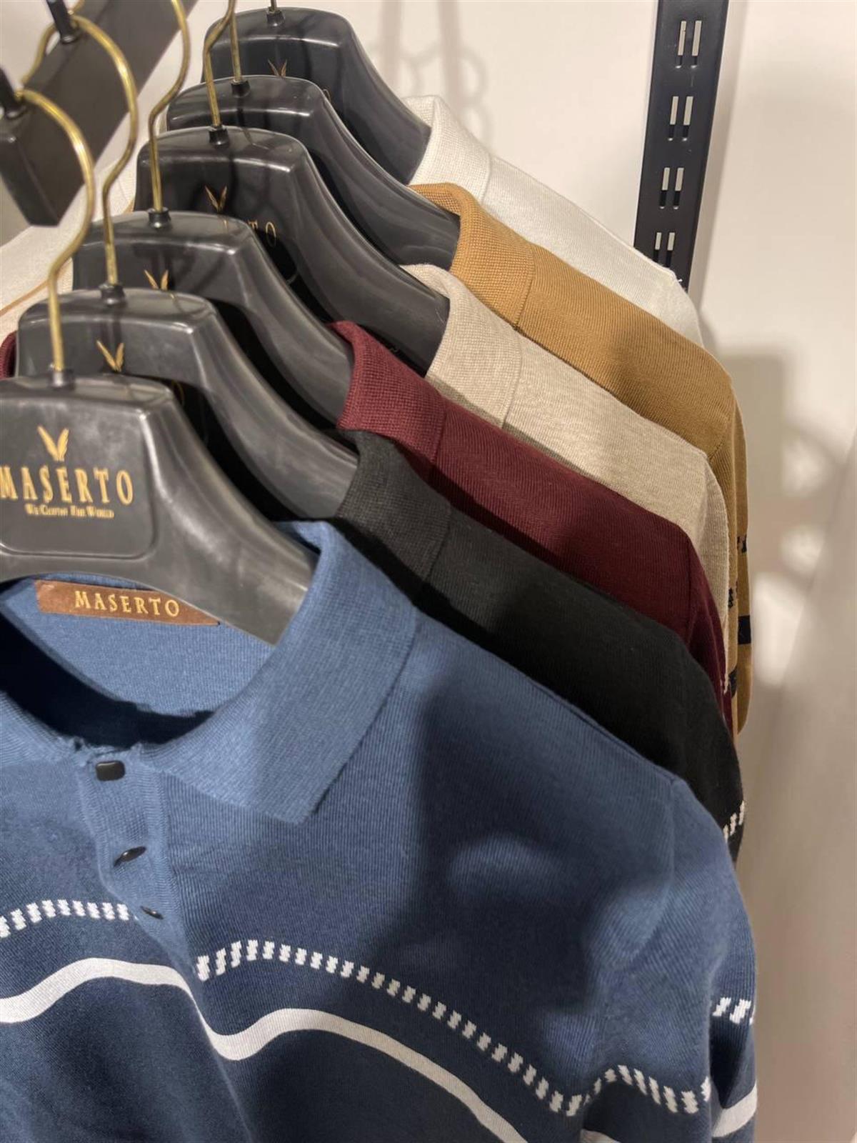 Maserto Slim Fit Krem Polo Yaka T-Shirt Çizgi Desenli