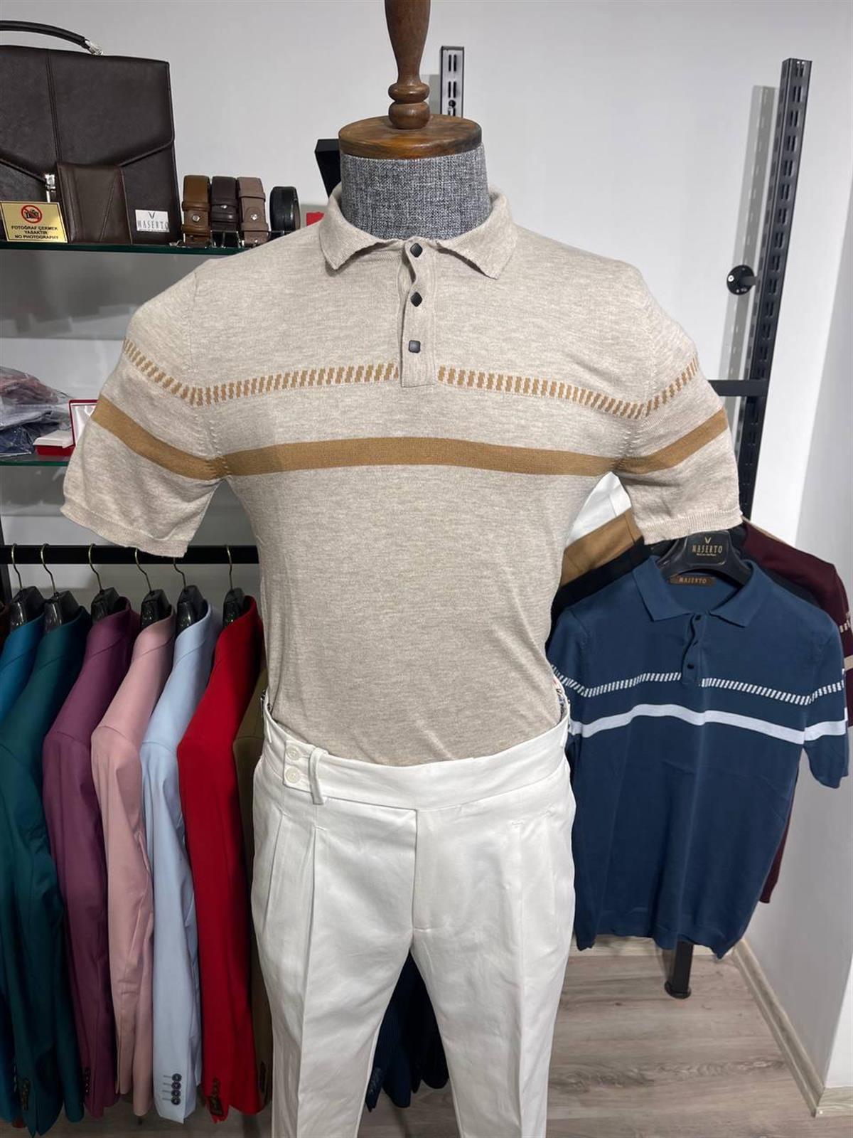 Maserto Slim Fit Krem Polo Yaka T-Shirt Çizgi Desenli