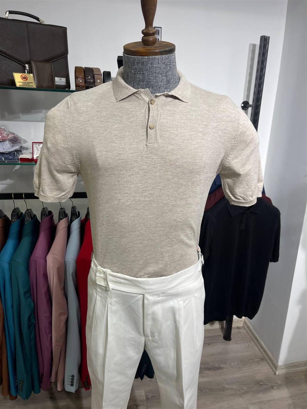 Maserto Slim Fit Krem Polo Yaka T-Shirt Düz Desenli