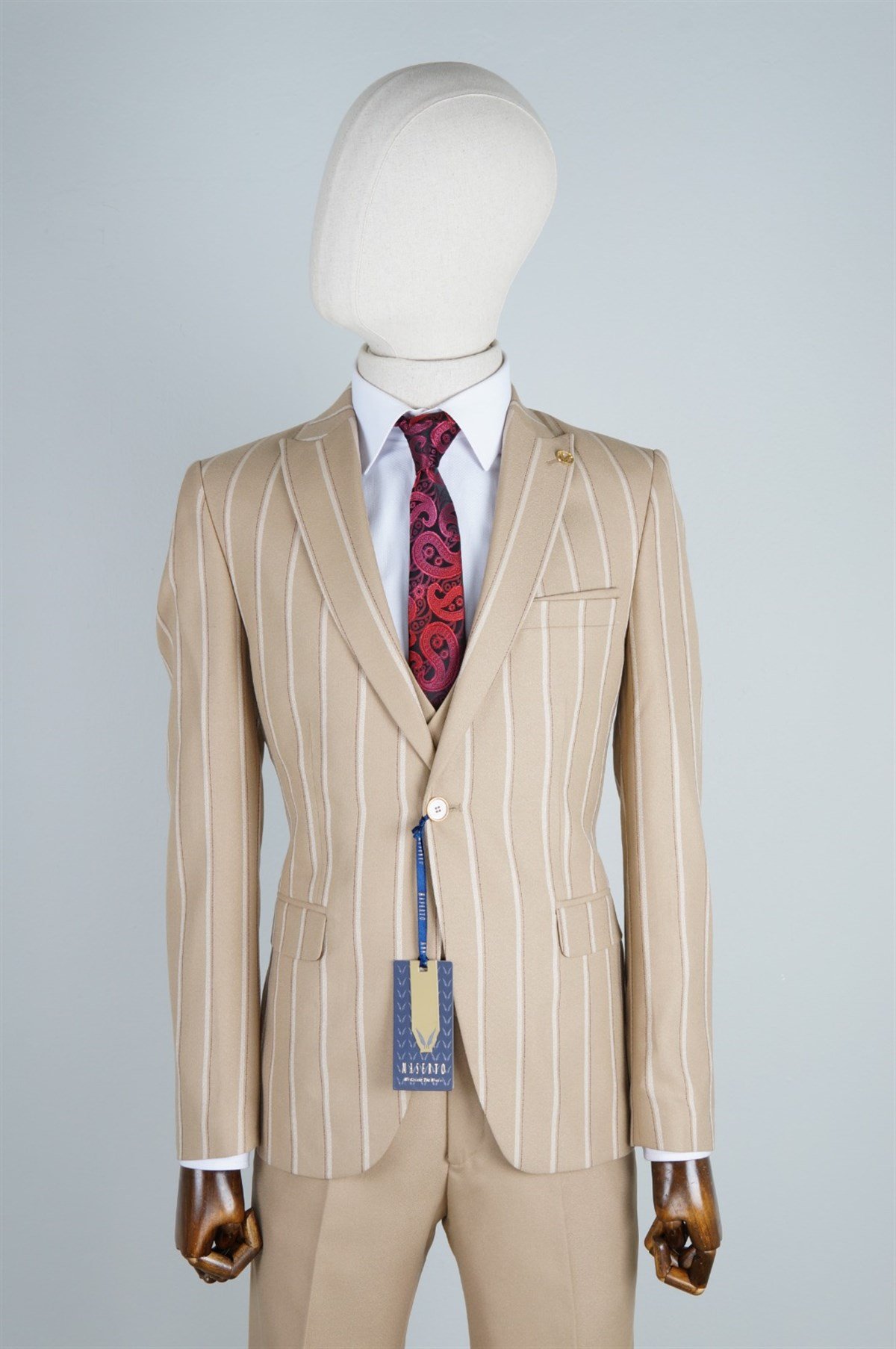 Maserto Slim Fit Krem Takım Elbise Çizgili Desenli