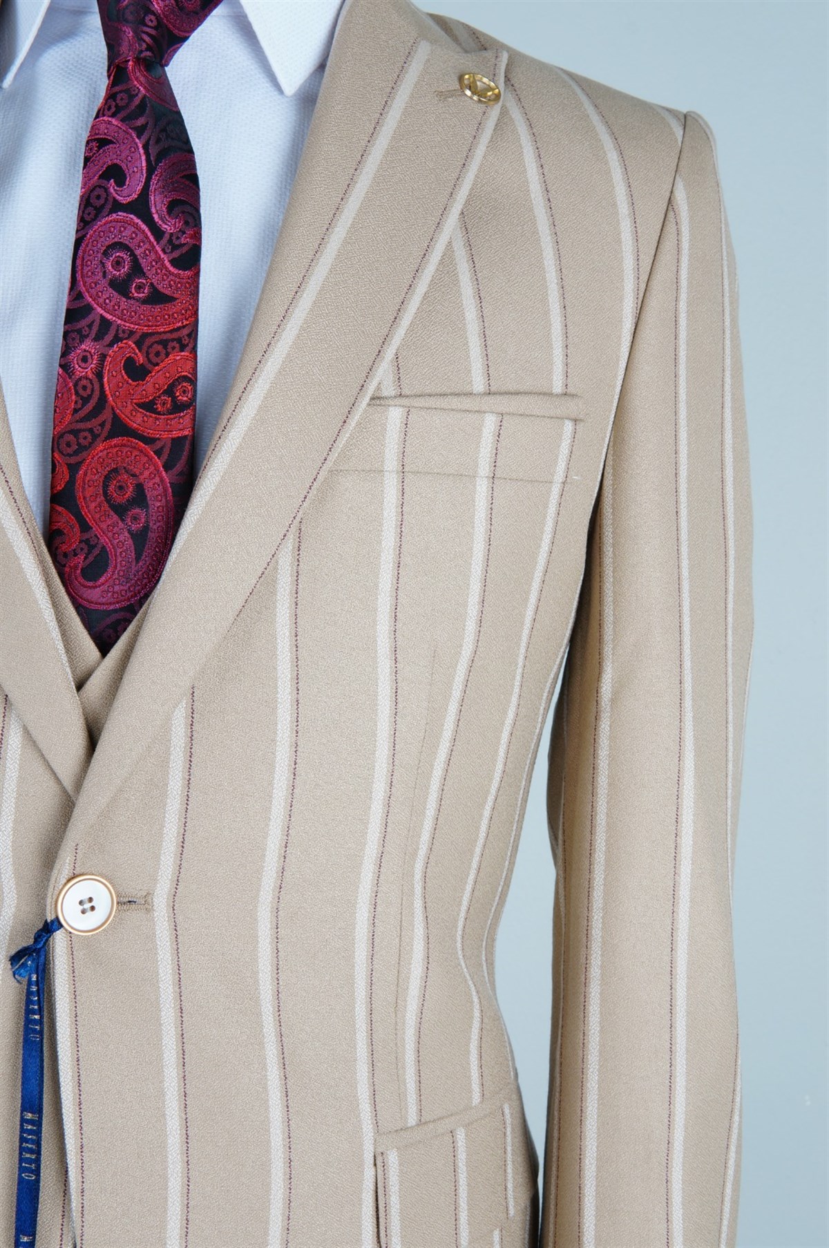 Maserto Slim Fit Krem Takım Elbise Çizgili Desenli