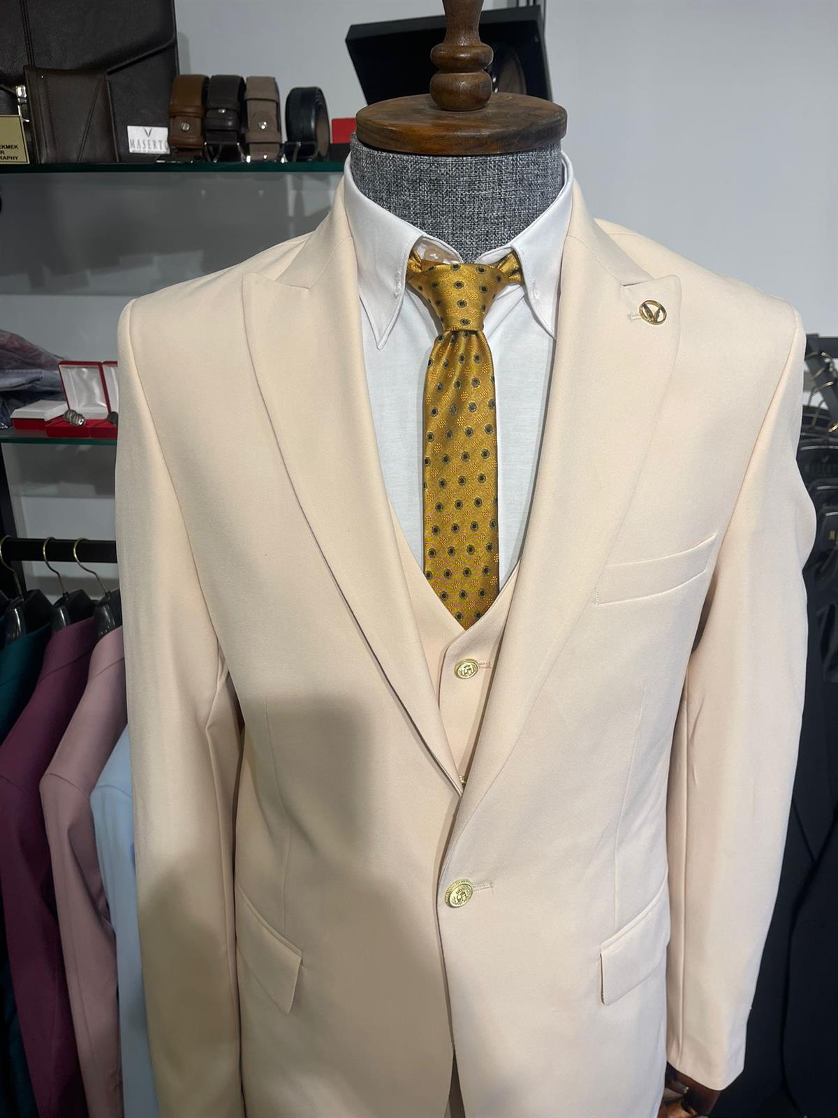 Maserto Slim Fit Krem Takım Elbise Düz Desenli