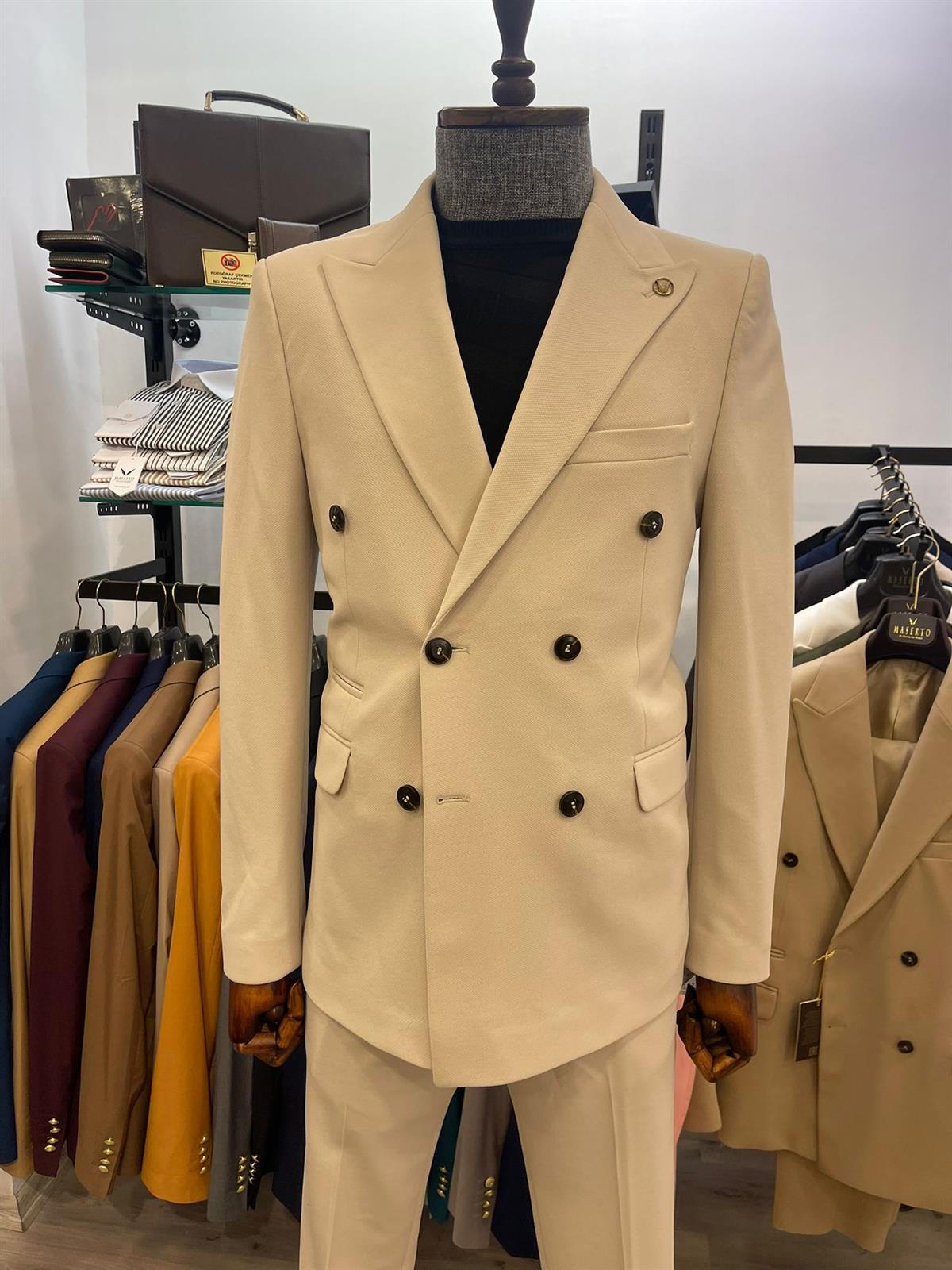 Maserto Slim Fit Krem Takım Elbise Düz Desenli