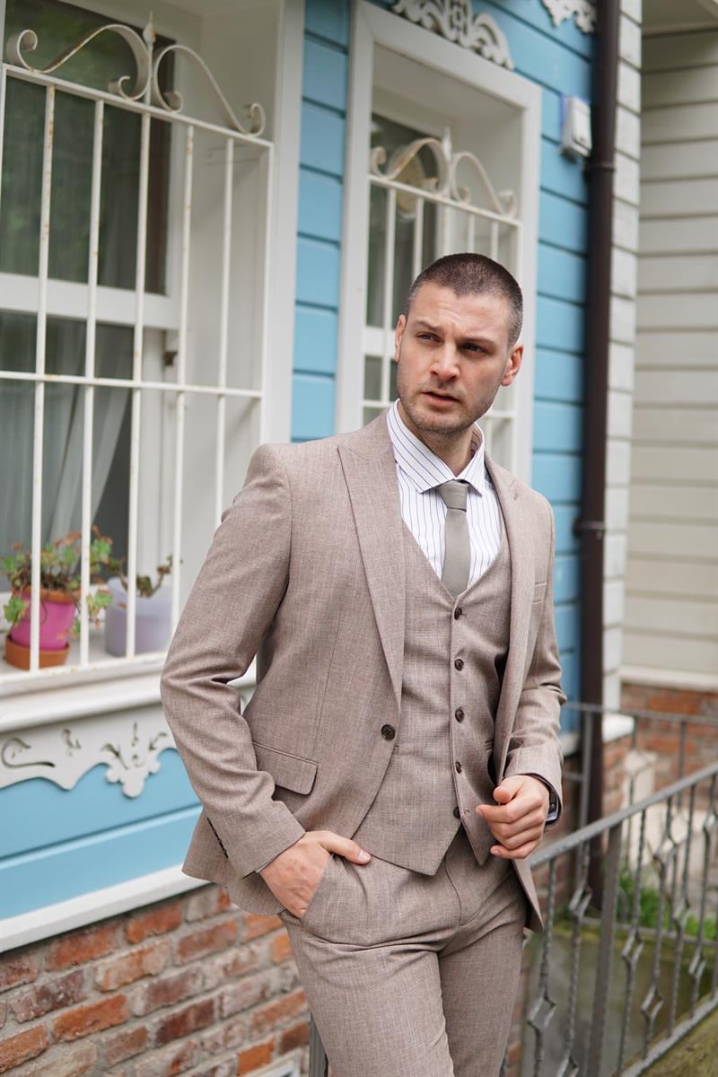 Maserto Slim Fit Krem Takım Elbise Kendinden Desenli