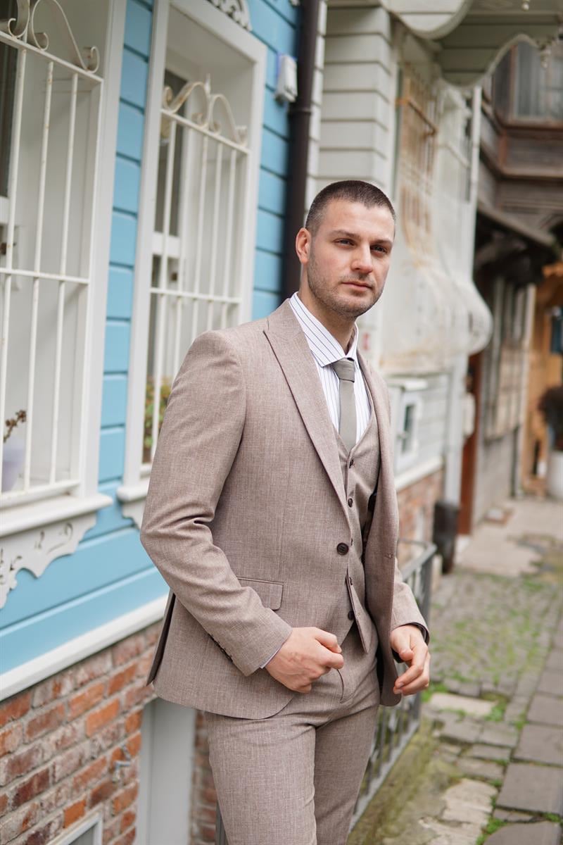 Maserto Slim Fit Krem Takım Elbise Kendinden Desenli