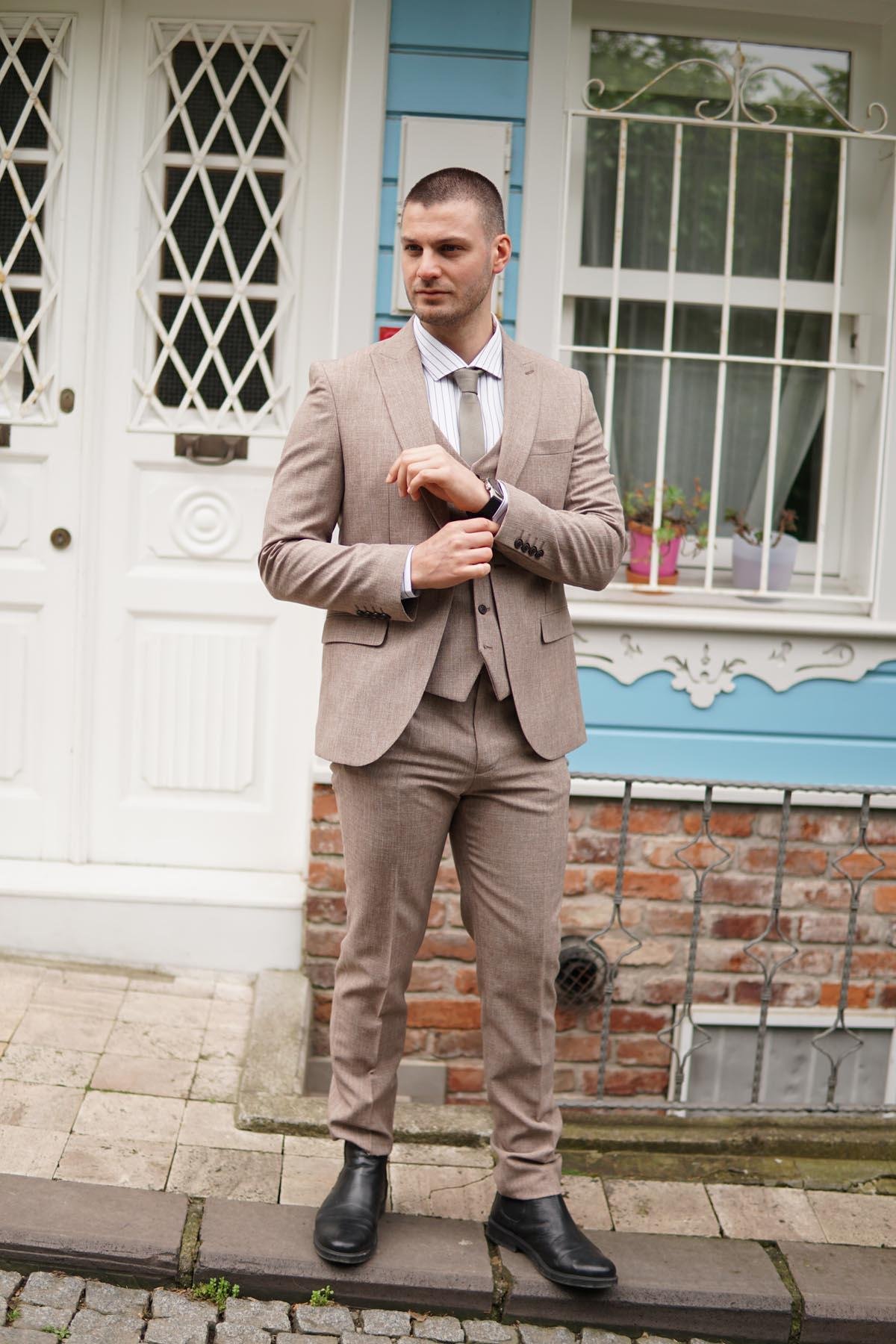 Maserto Slim Fit Krem Takım Elbise Kendinden Desenli