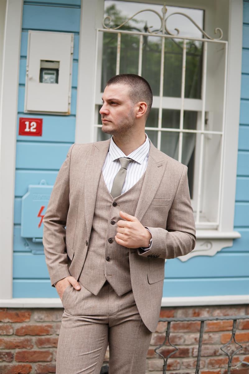 Maserto Slim Fit Krem Takım Elbise Kendinden Desenli