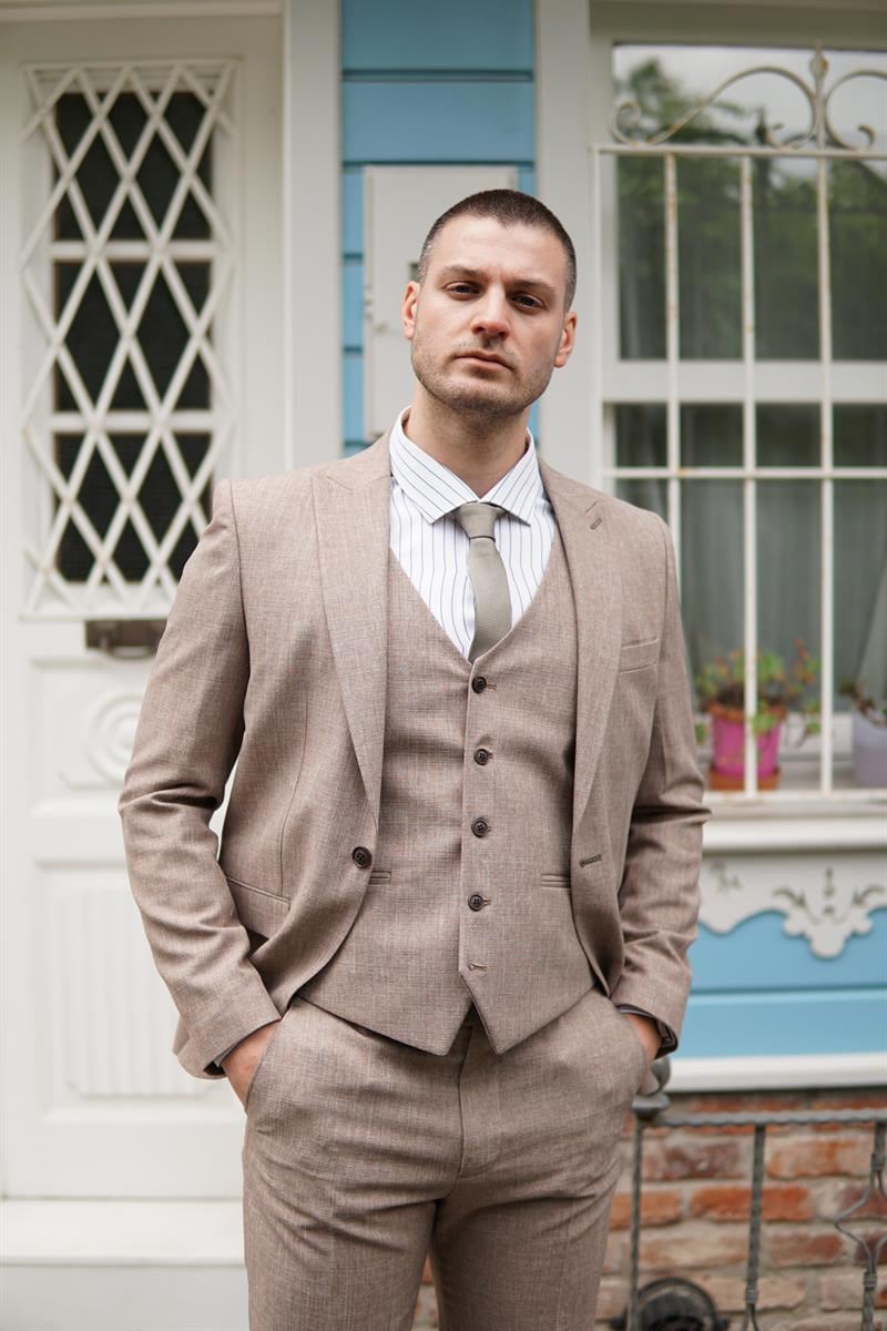 Maserto Slim Fit Krem Takım Elbise Kendinden Desenli