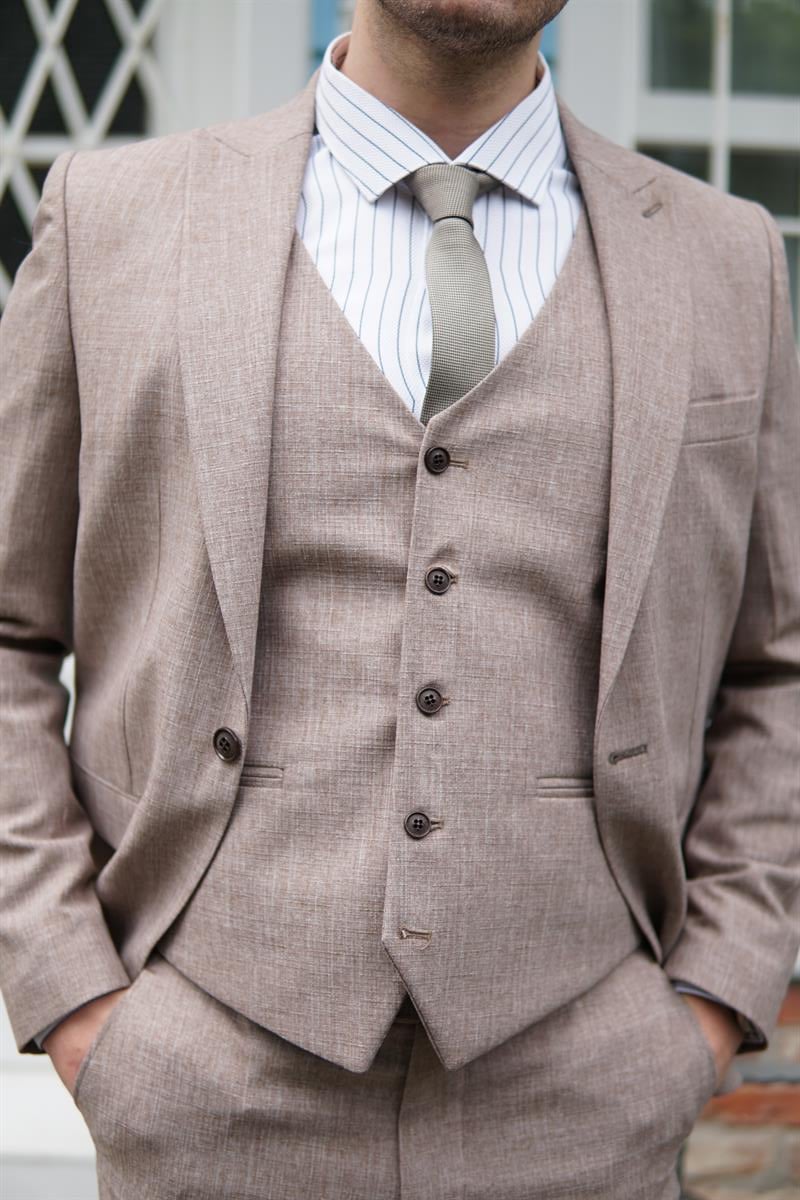 Maserto Slim Fit Krem Takım Elbise Kendinden Desenli