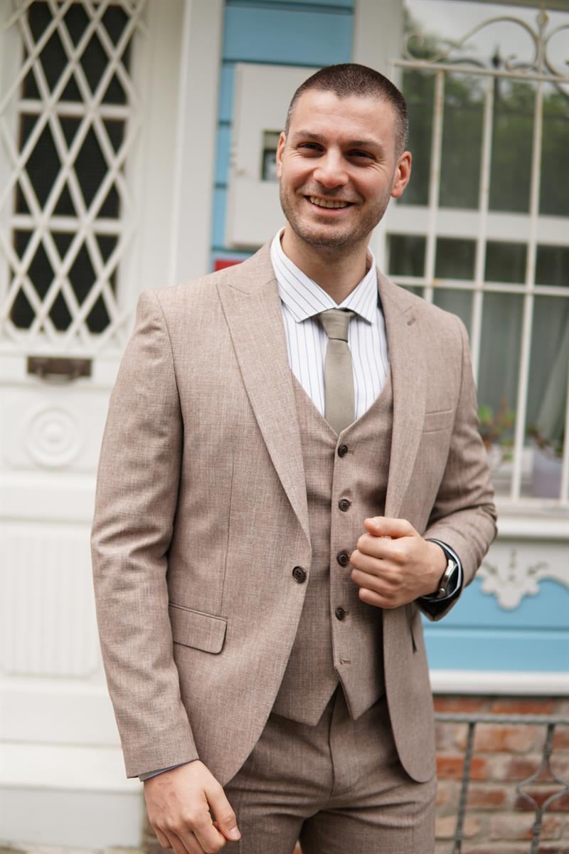 Maserto Slim Fit Krem Takım Elbise Kendinden Desenli