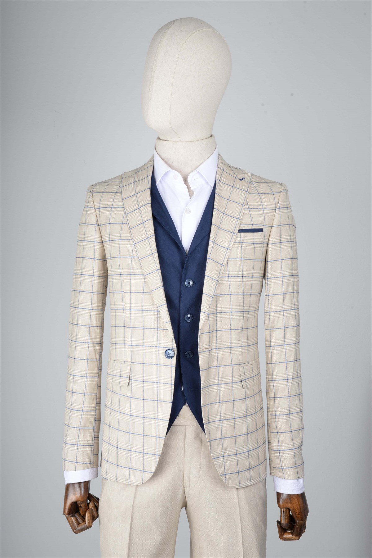 Maserto Slim Fit Krem Yelekli Takım Elbise Ekose Desenli