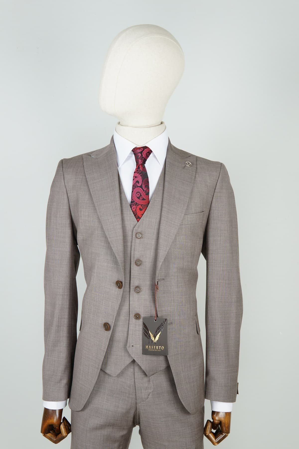 Maserto Slim Fit Krem Yelekli Takım Elbise Kendinden Desenli