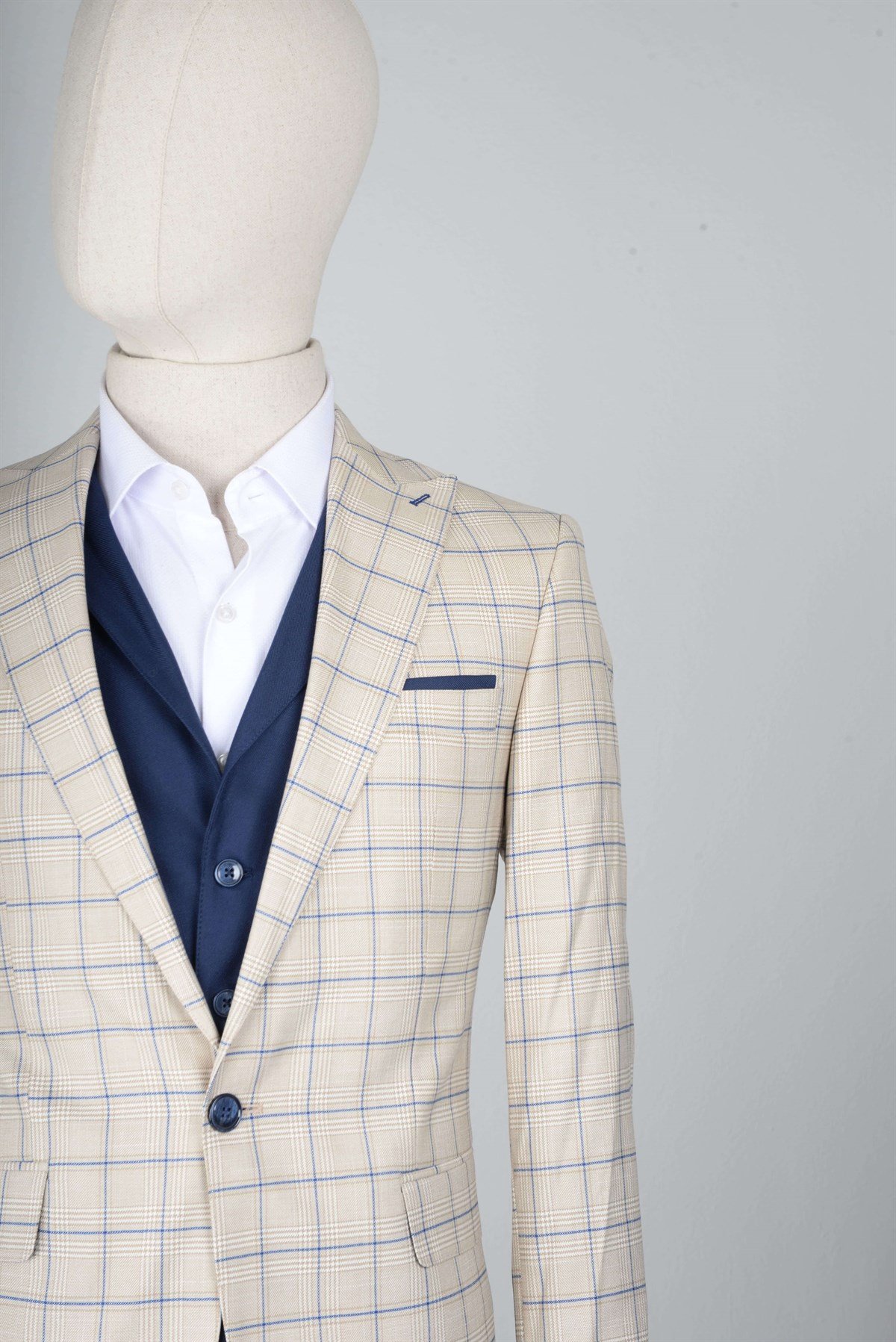 Maserto Slim Fit Krem Yelekli Takım Elbise Ekose Desenli