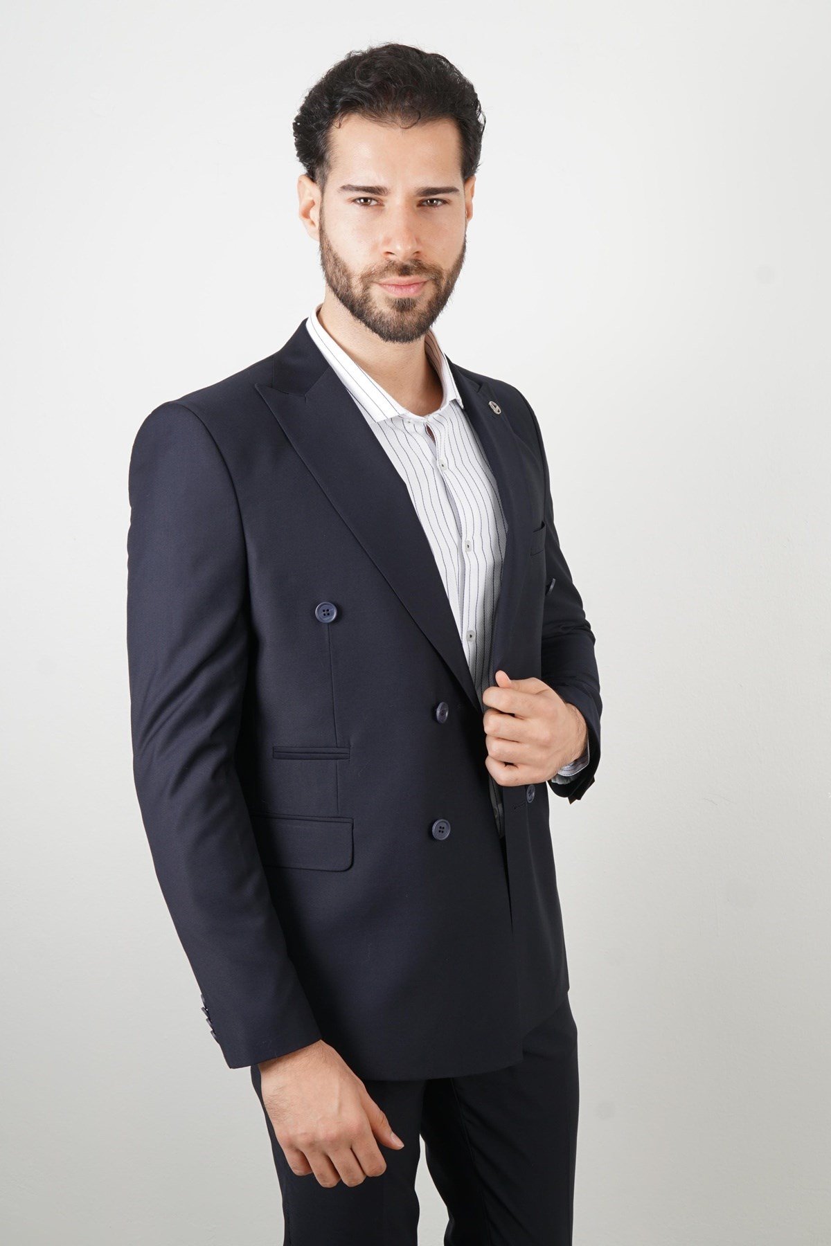 Maserto Slim Fit Kruvaze Lacivert Takım Elbise Düz Desenli