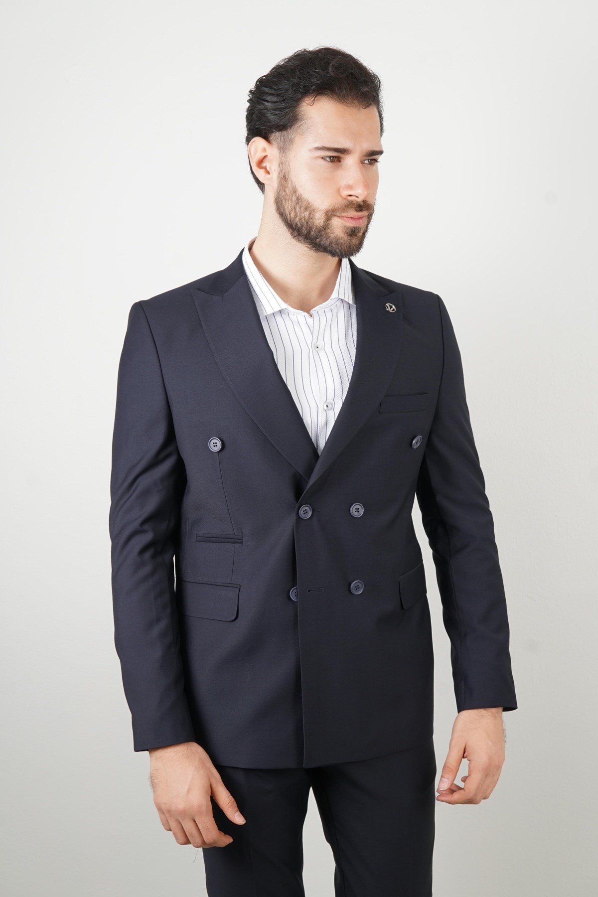 Maserto Slim Fit Kruvaze Lacivert Takım Elbise Düz Desenli