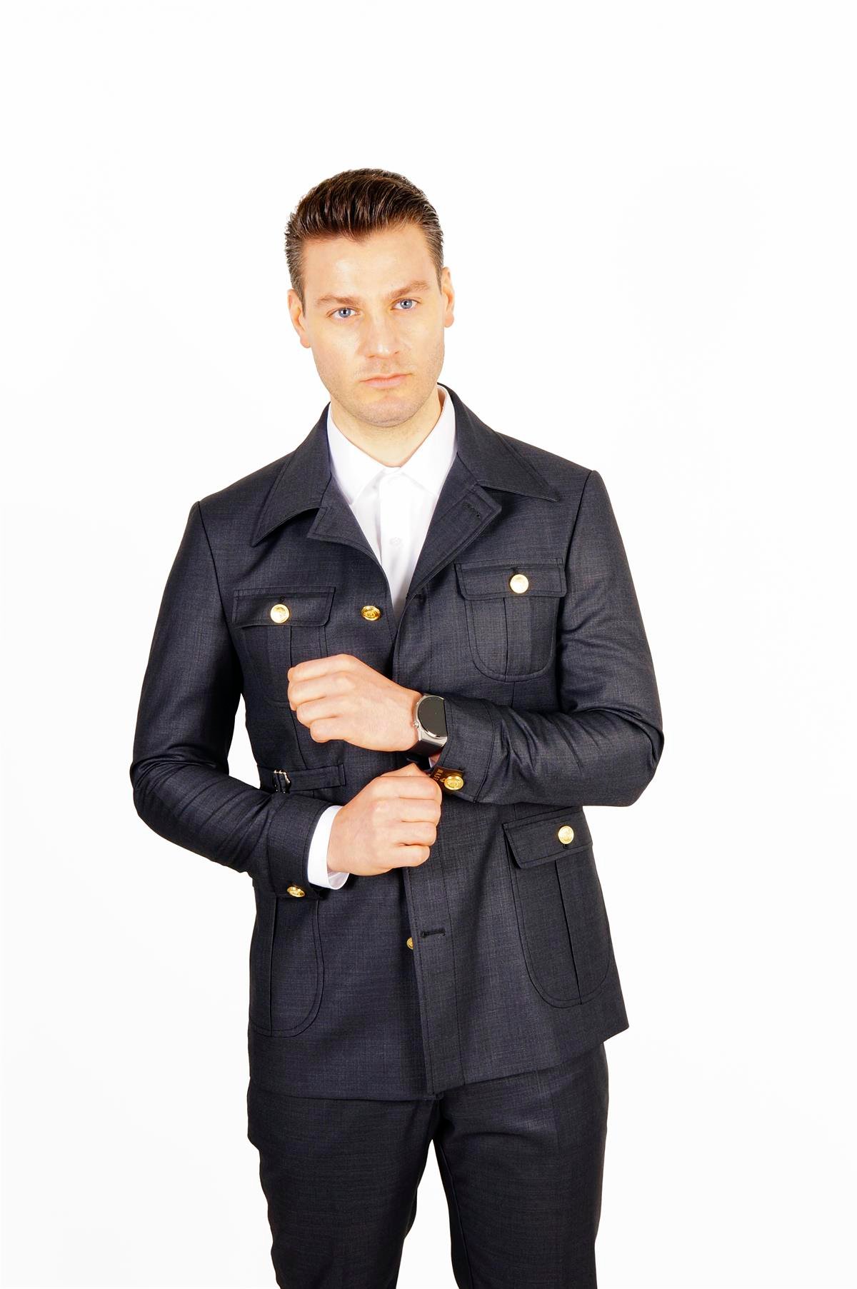 Maserto Slim Fit Lacivert Cepli Takım Elbise Kendinden Desenli