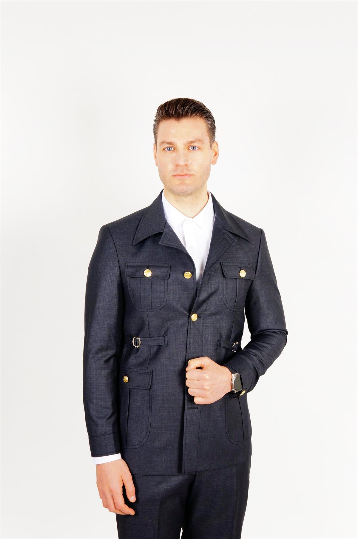 Maserto Slim Fit Lacivert Cepli Takım Elbise Kendinden Desenli