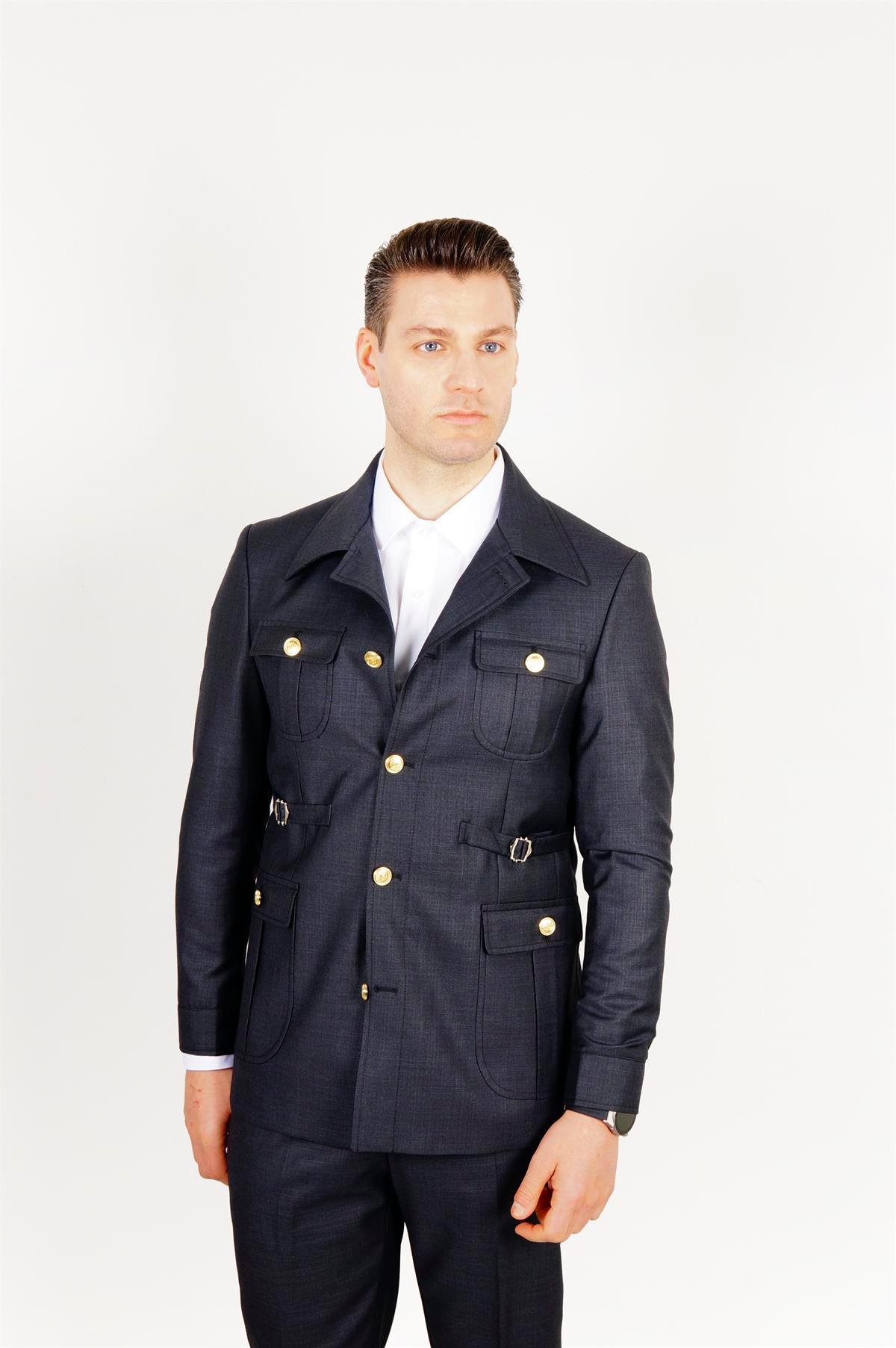 Maserto Slim Fit Lacivert Cepli Takım Elbise Kendinden Desenli