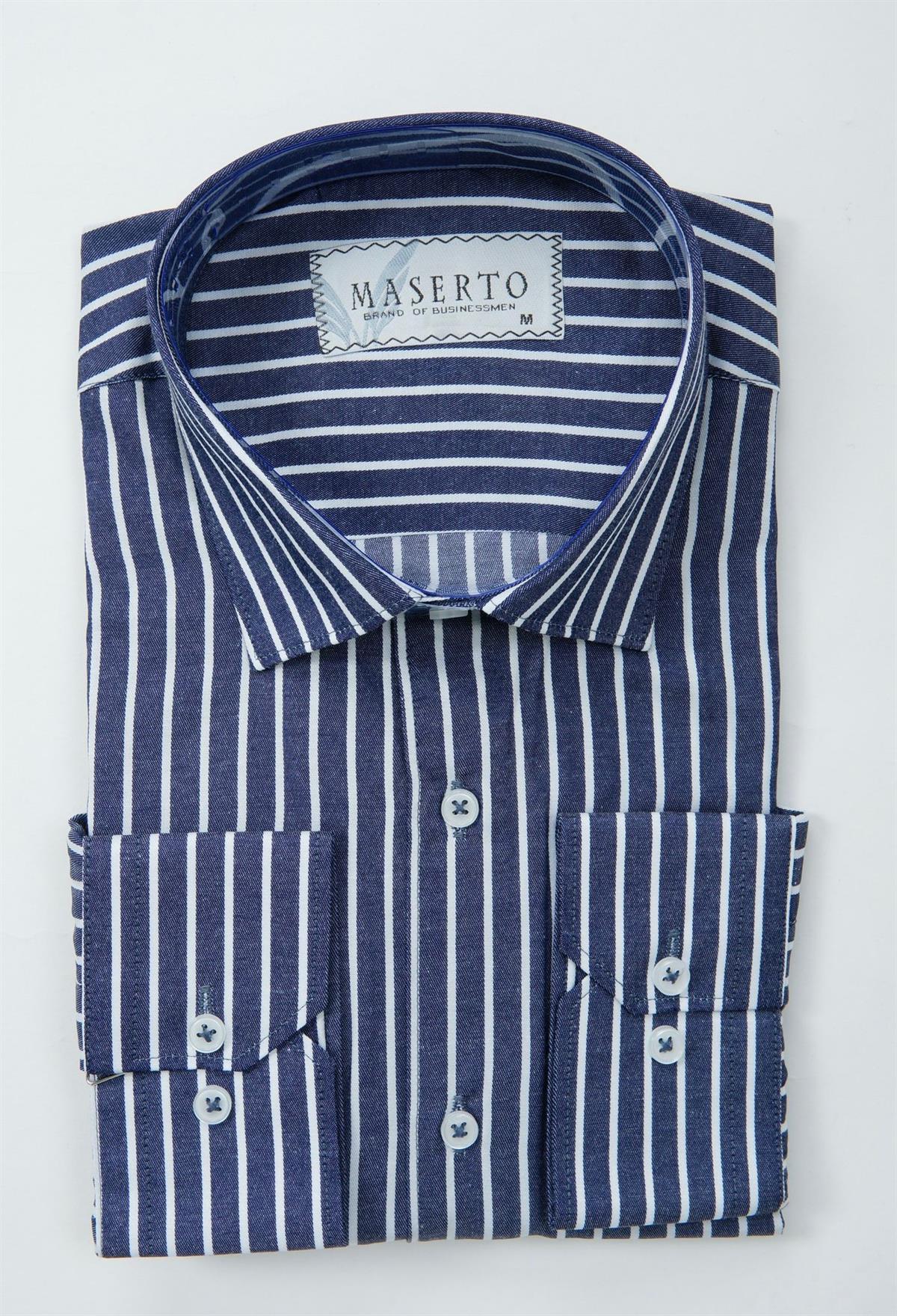 Maserto Slim Fit Lacivert Gömlek Çizgili Desenli
