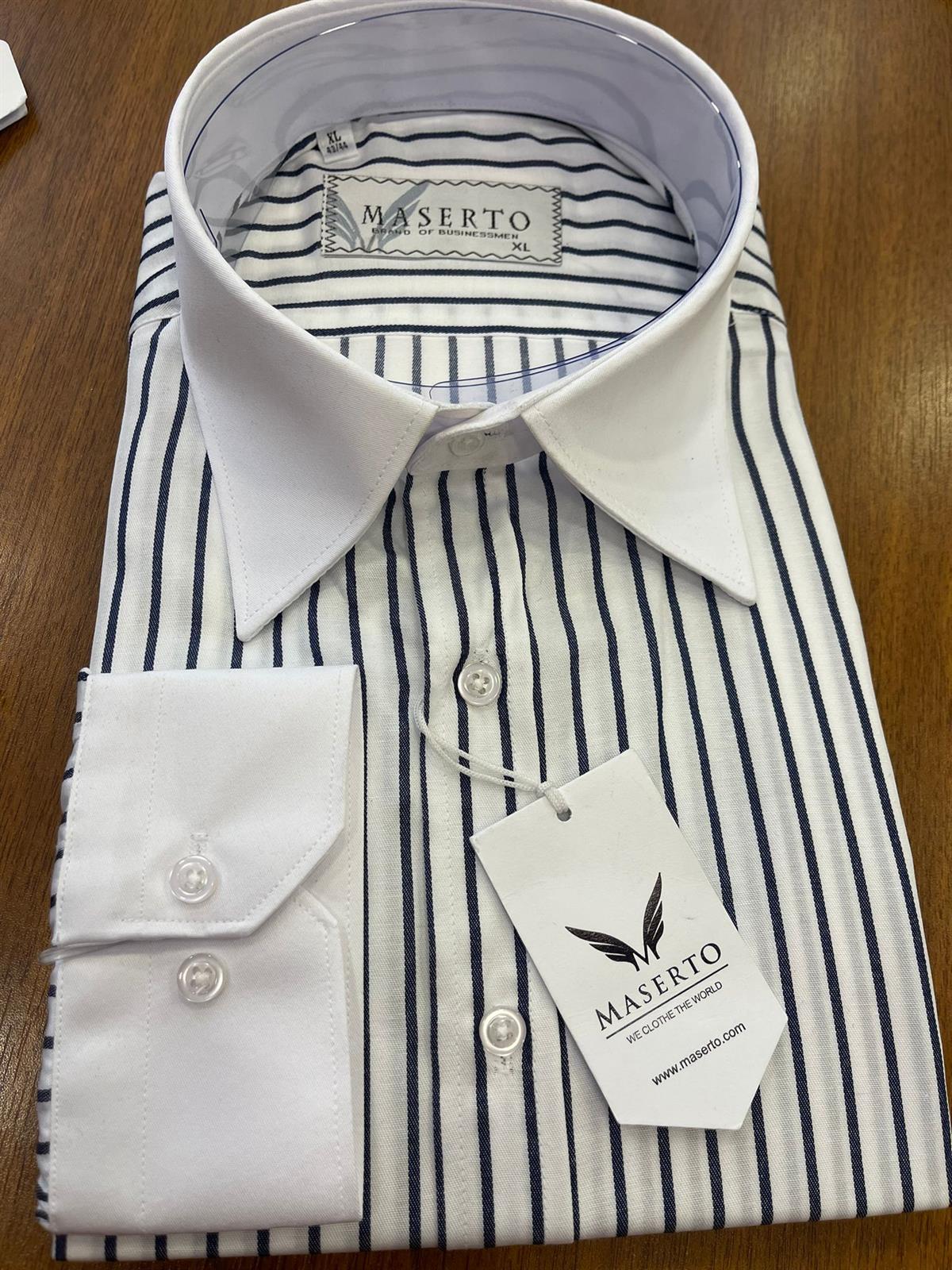 Maserto Slim Fit Lacivert Gömlek Çizgili Desenli