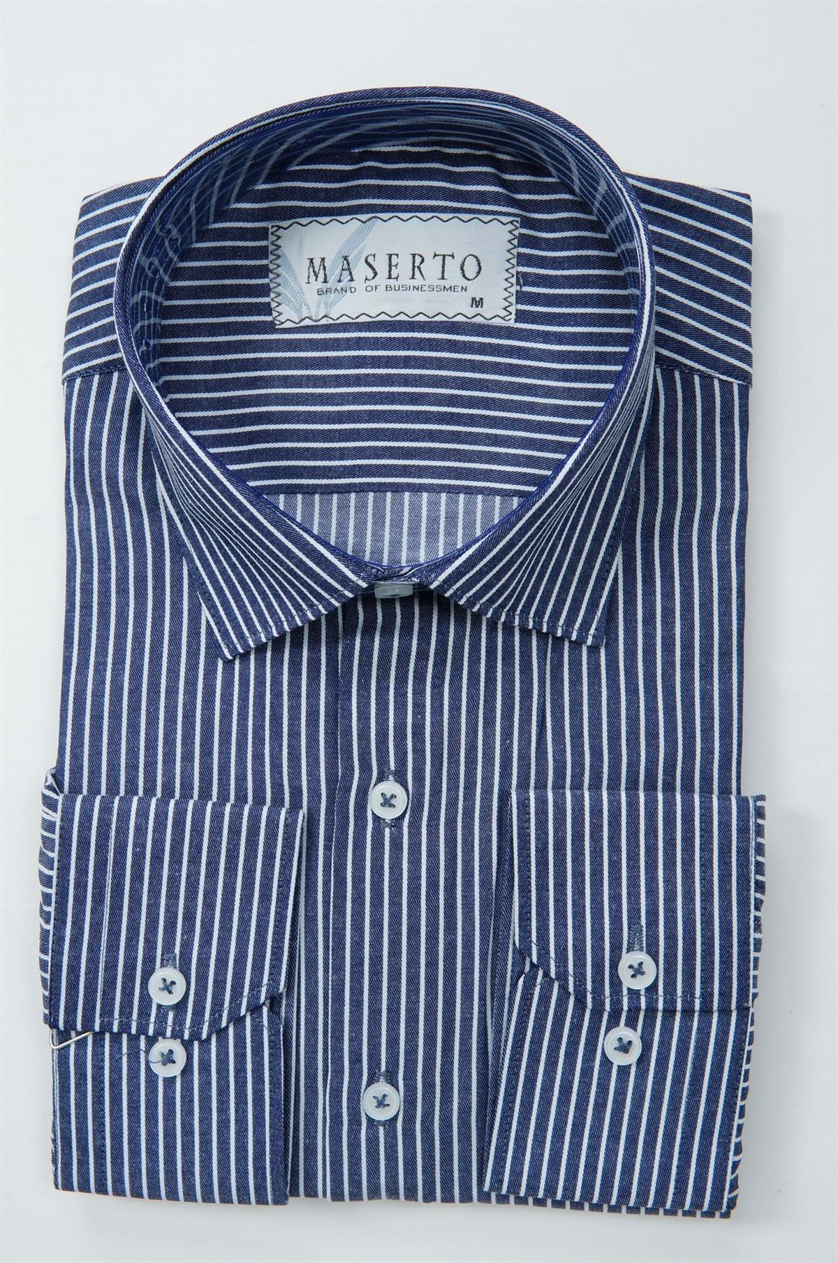 Maserto Slim Fit Lacivert Gömlek Çizgili Desenli