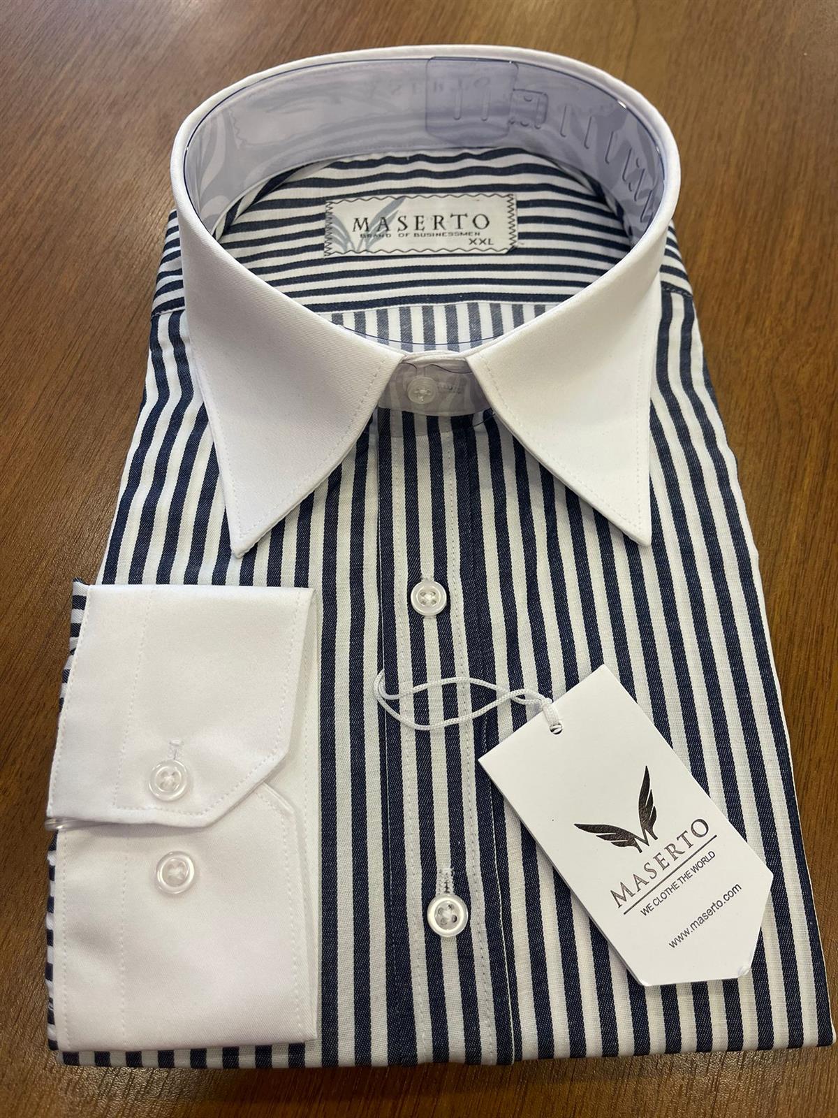 Maserto Slim Fit Lacivert Gömlek Çizgili Desenli