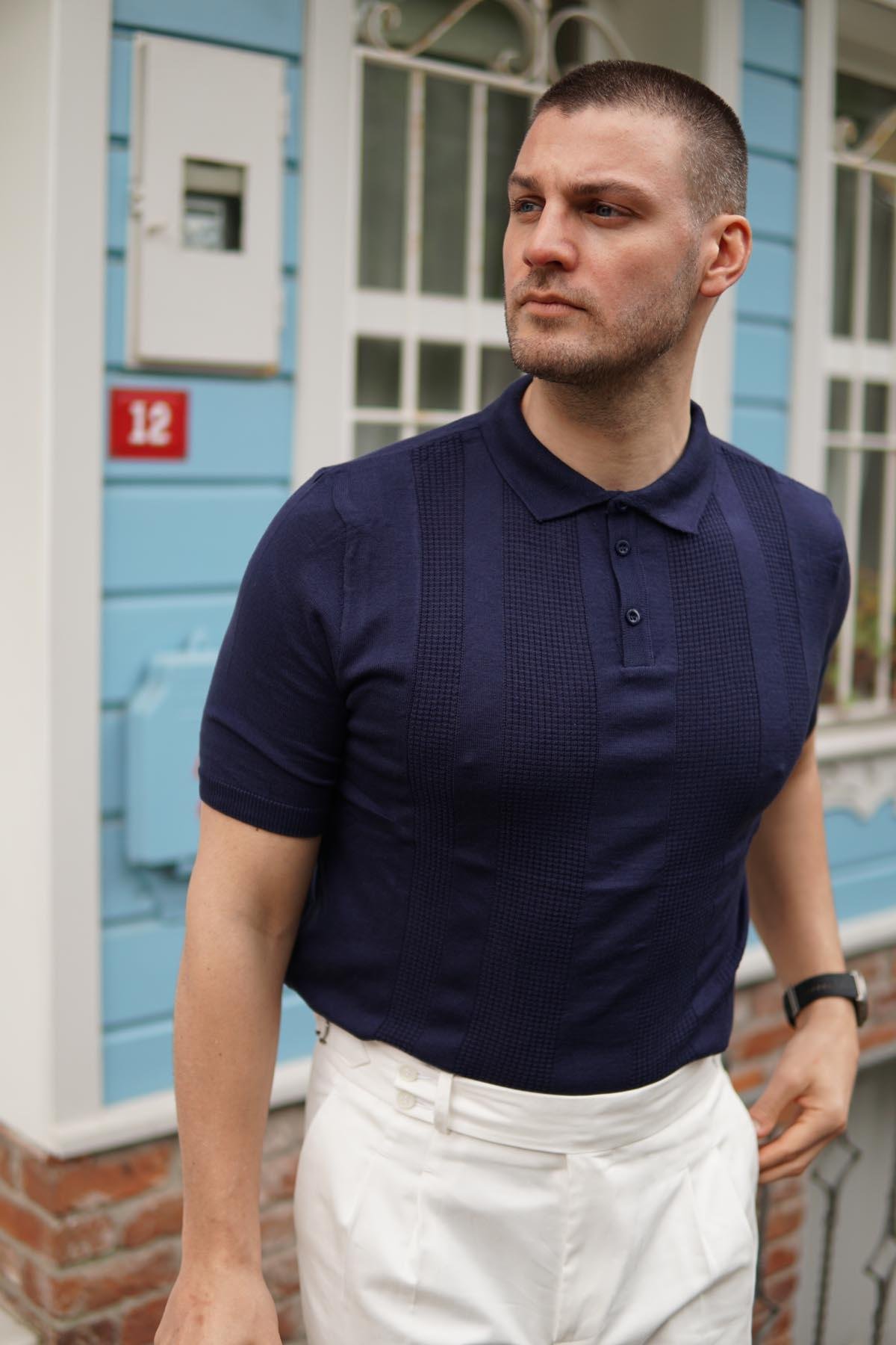 Maserto Slim Fit Lacivert Polo Yaka T-Shirt Örme Desenli