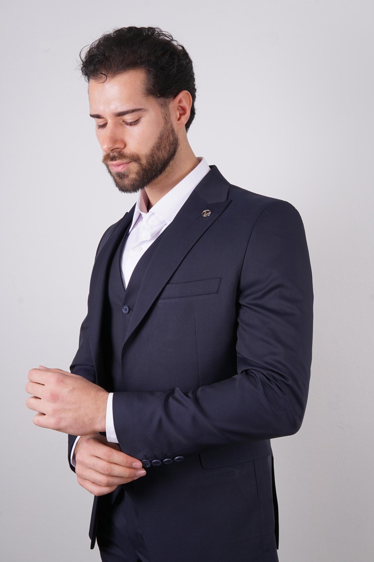 Maserto Slim Fit Lacivert Takım Elbise Kendinden Desenli