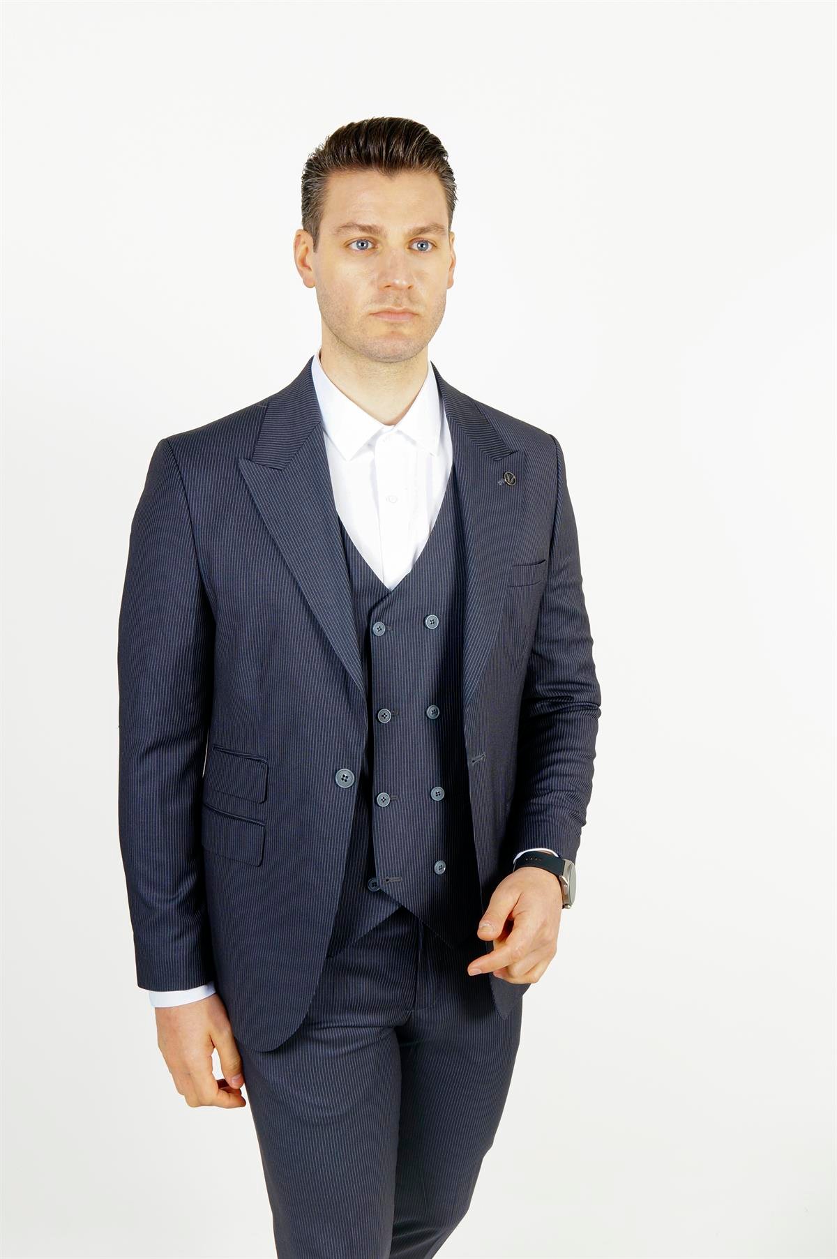 Maserto Slim Fit Lacivert Takım Elbise Çizgi Desenli