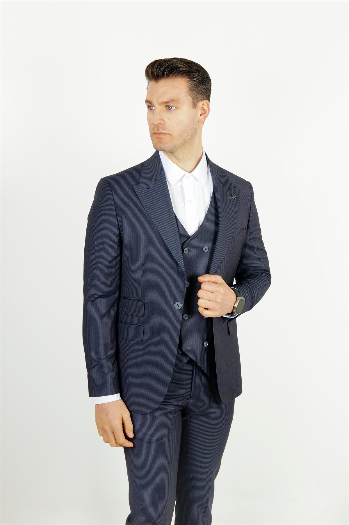 Maserto Slim Fit Lacivert Takım Elbise Çizgi Desenli