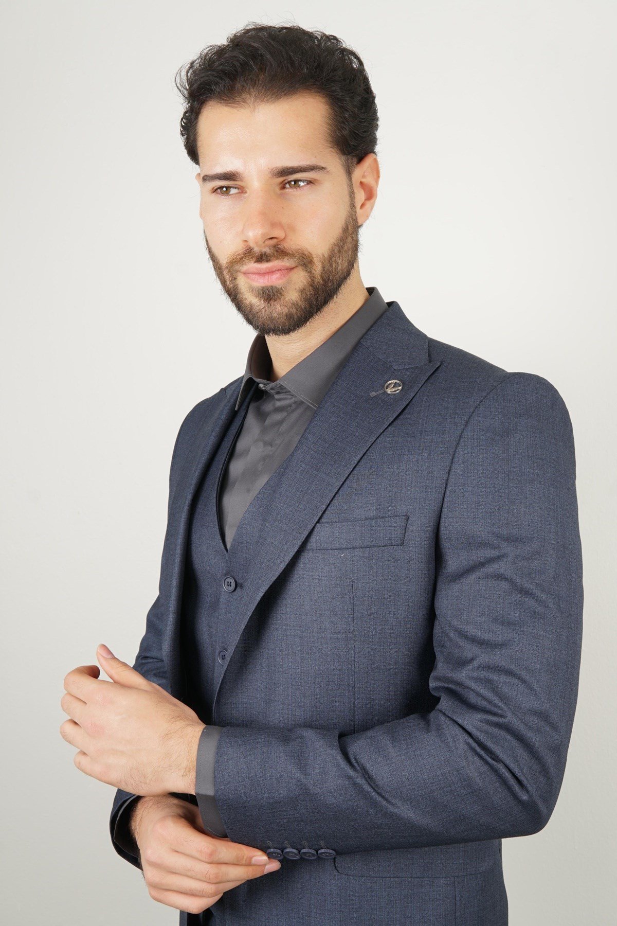 Maserto Slim Fit Lacivert Takım Elbise Kendinden Desenli