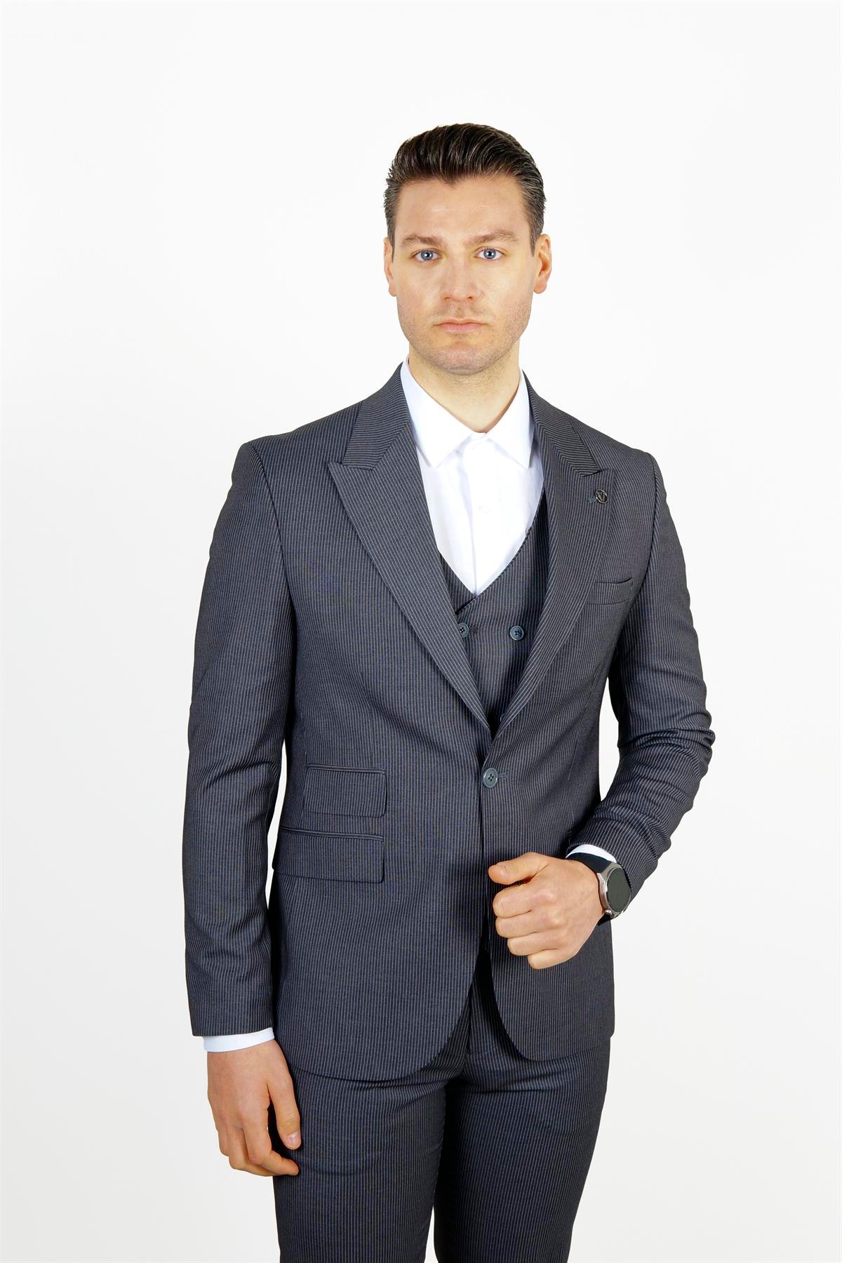 Maserto Slim Fit Lacivert Takım Elbise Çizgi Desenli