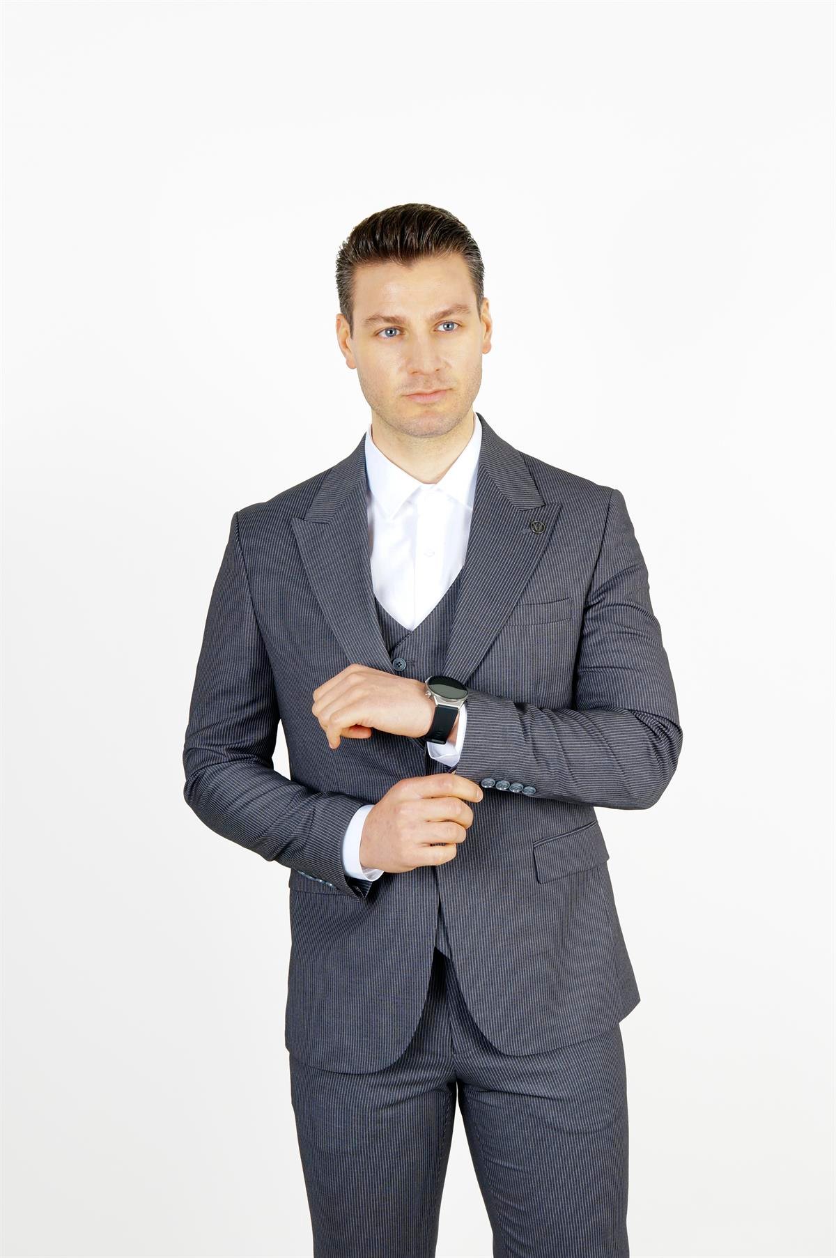 Maserto Slim Fit Lacivert Takım Elbise Çizgi Desenli