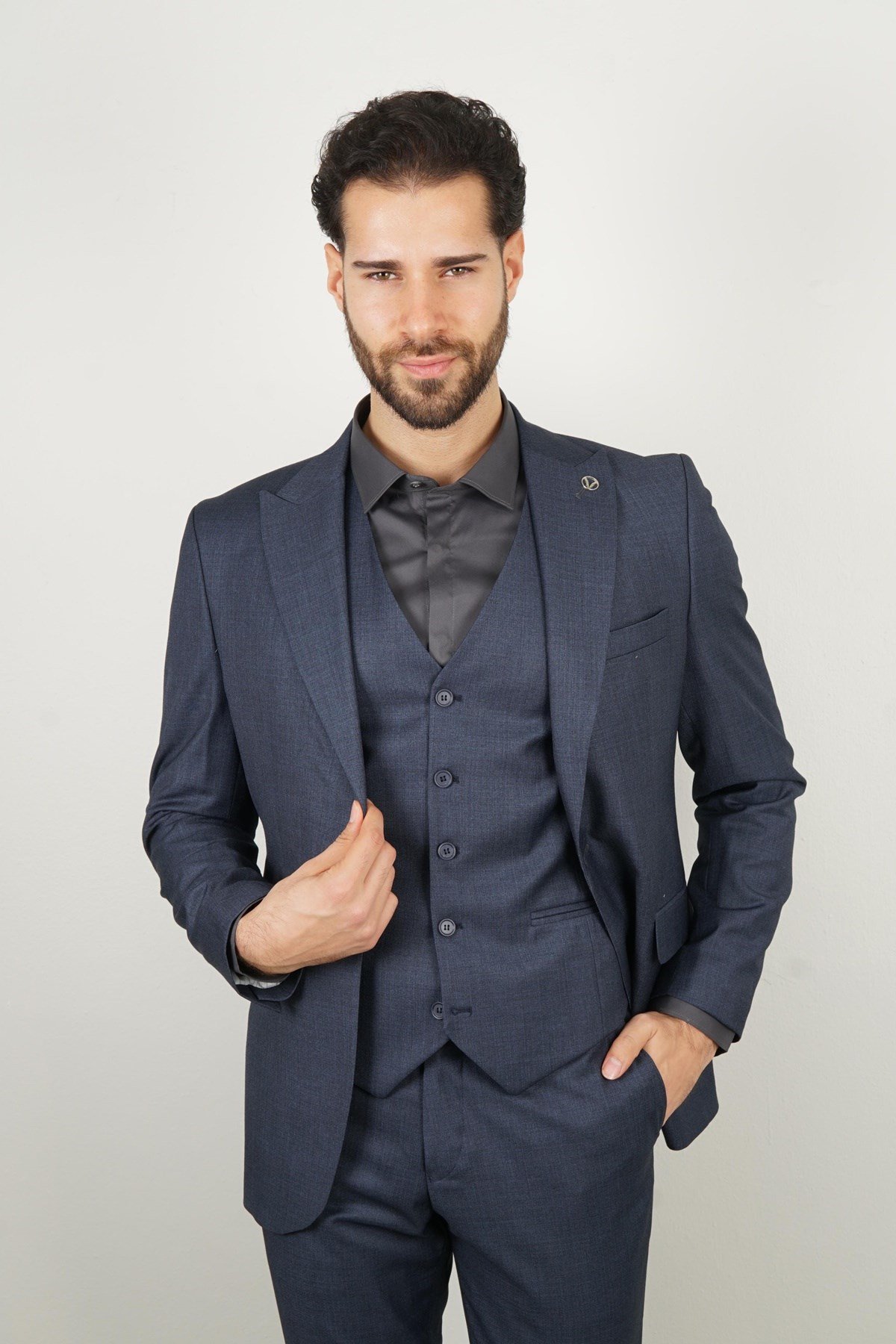 Maserto Slim Fit Lacivert Takım Elbise Kendinden Desenli