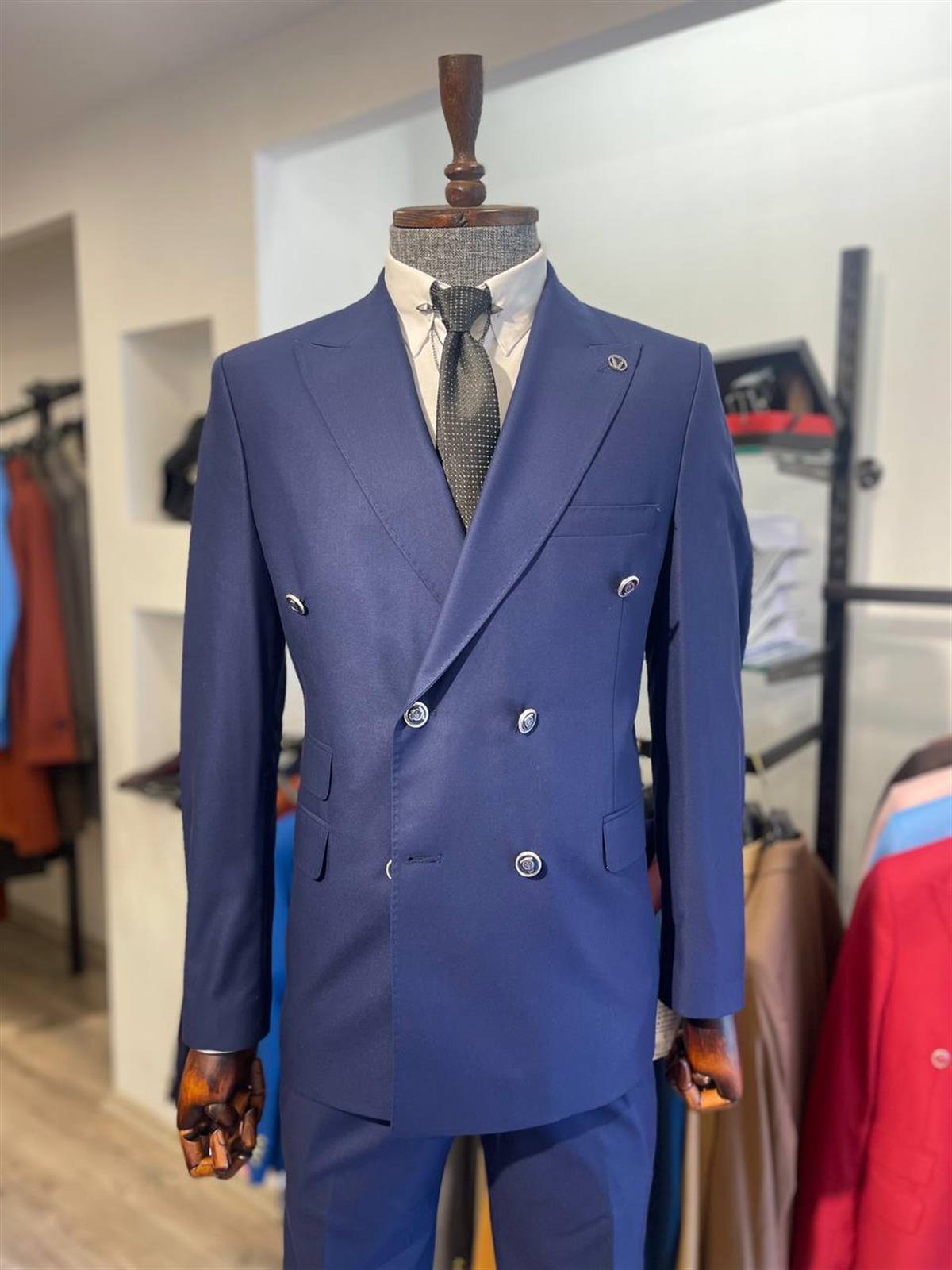 Maserto Slim Fit Lacivert Takım Elbise Düz Desenli