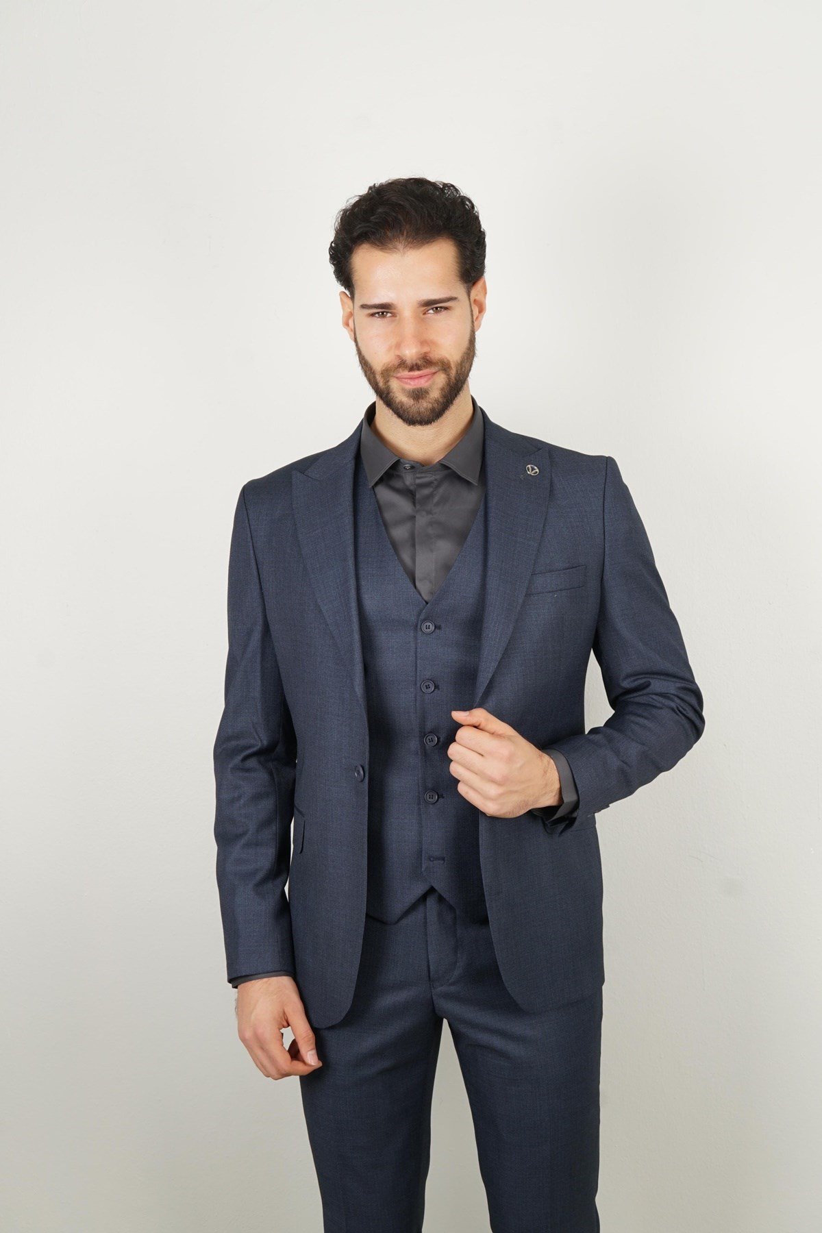 Maserto Slim Fit Lacivert Takım Elbise Kendinden Desenli