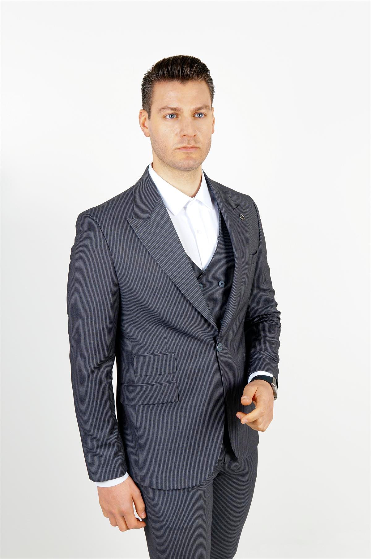 Maserto Slim Fit Lacivert Takım Elbise Çizgi Desenli