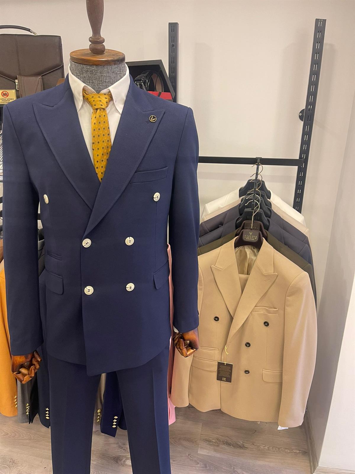 Maserto Slim Fit Lacivert Takım Elbise Düz Desenli