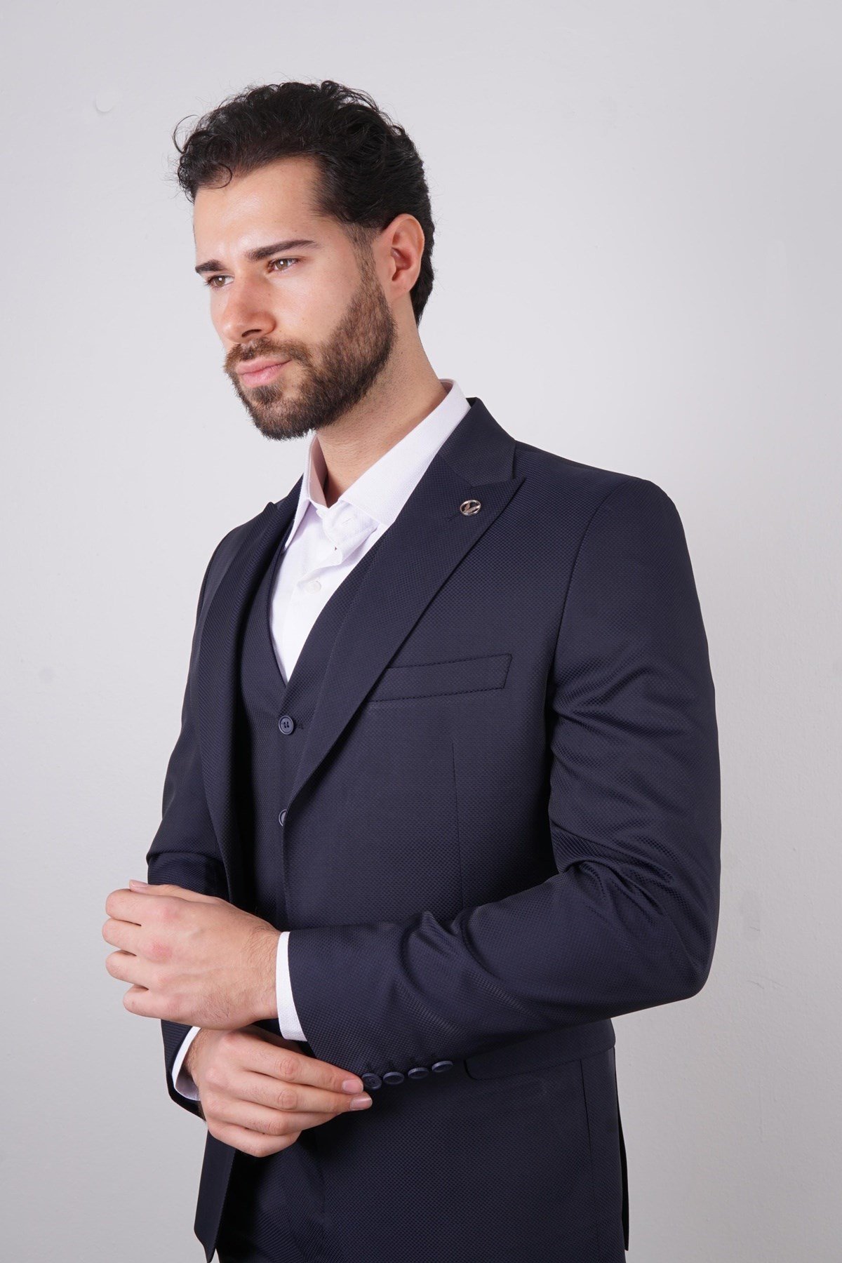 Maserto Slim Fit Lacivert Takım Elbise Kendinden Desenli