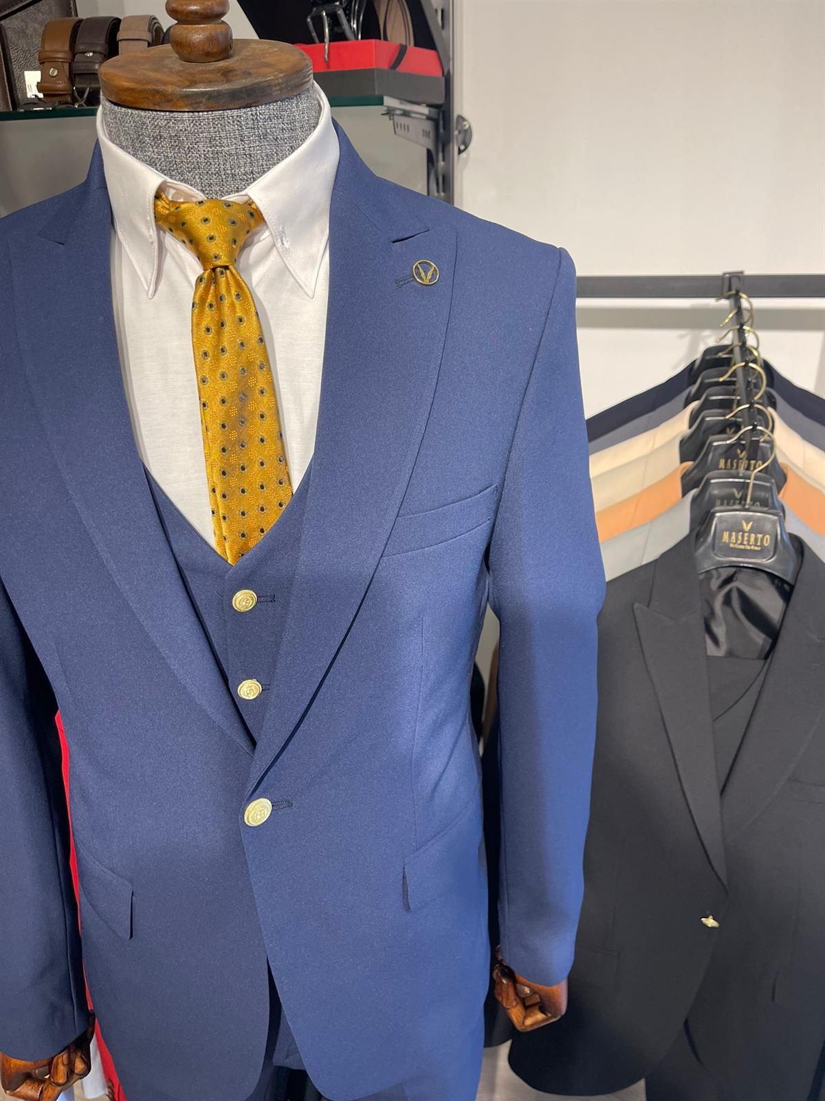 Maserto Slim Fit Lacivert Takım Elbise Düz Desenli