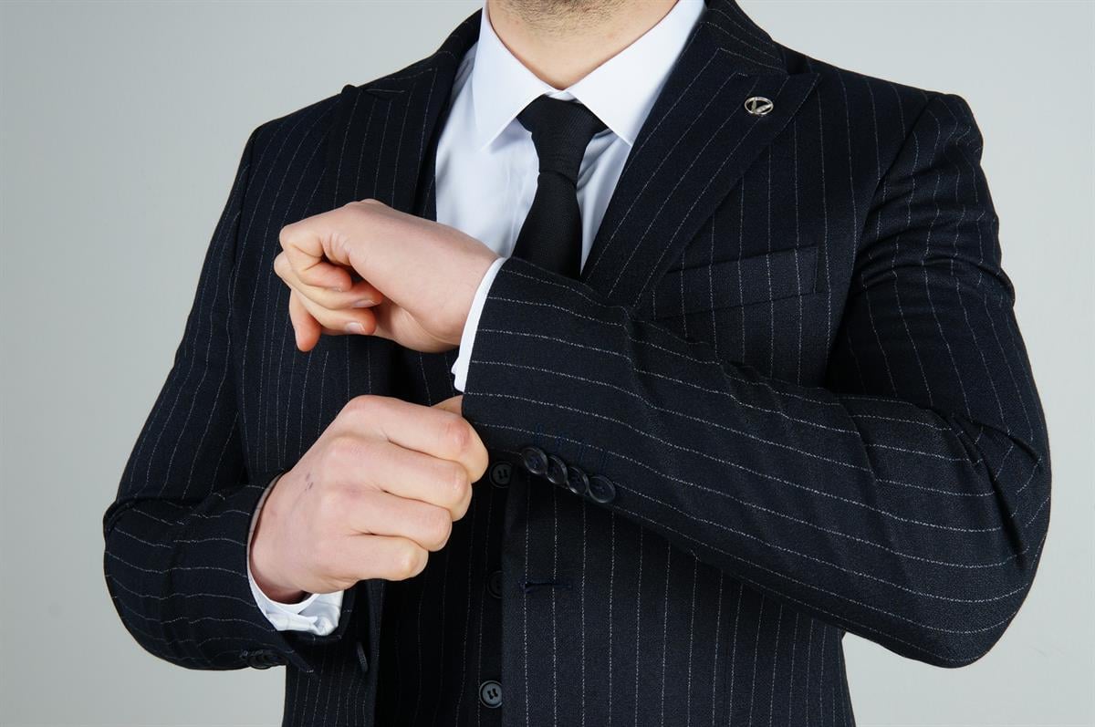 Maserto Slim Fit Lacivert Takım Elbise Çizgili Desenli