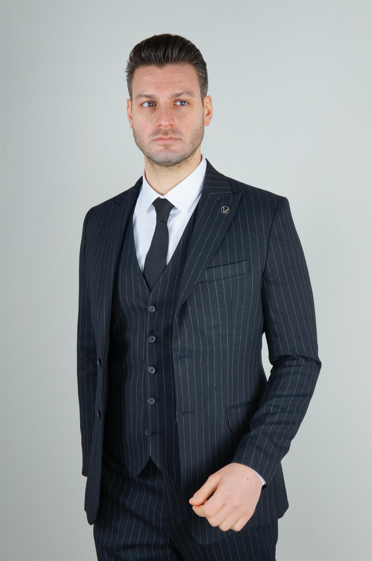 Maserto Slim Fit Lacivert Takım Elbise Çizgili Desenli