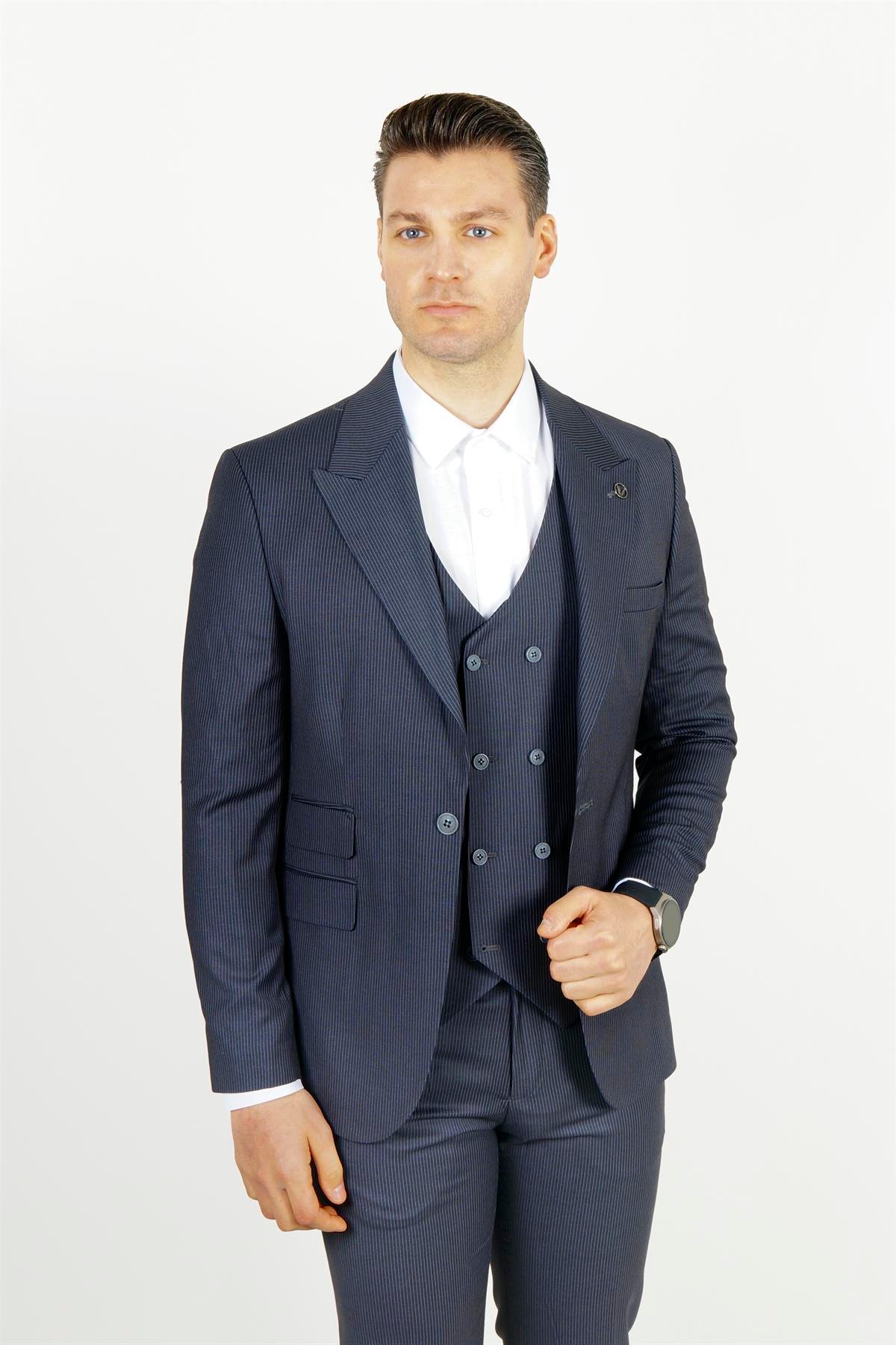 Maserto Slim Fit Lacivert Takım Elbise Çizgi Desenli