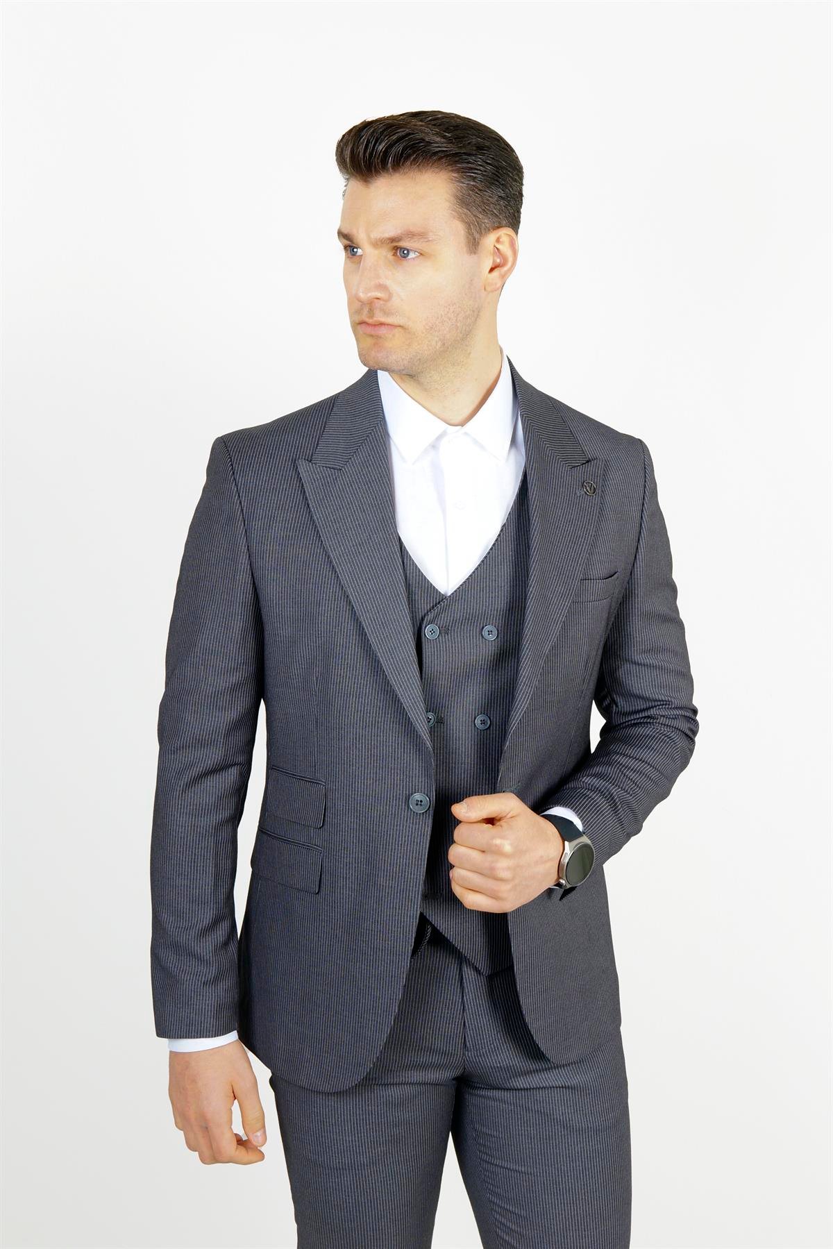 Maserto Slim Fit Lacivert Takım Elbise Çizgi Desenli