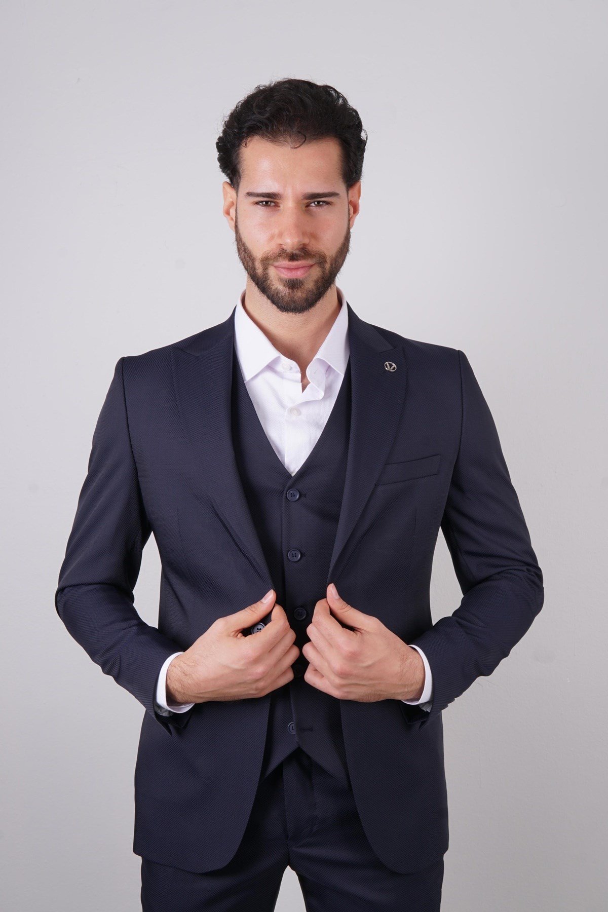 Maserto Slim Fit Lacivert Takım Elbise Kendinden Desenli