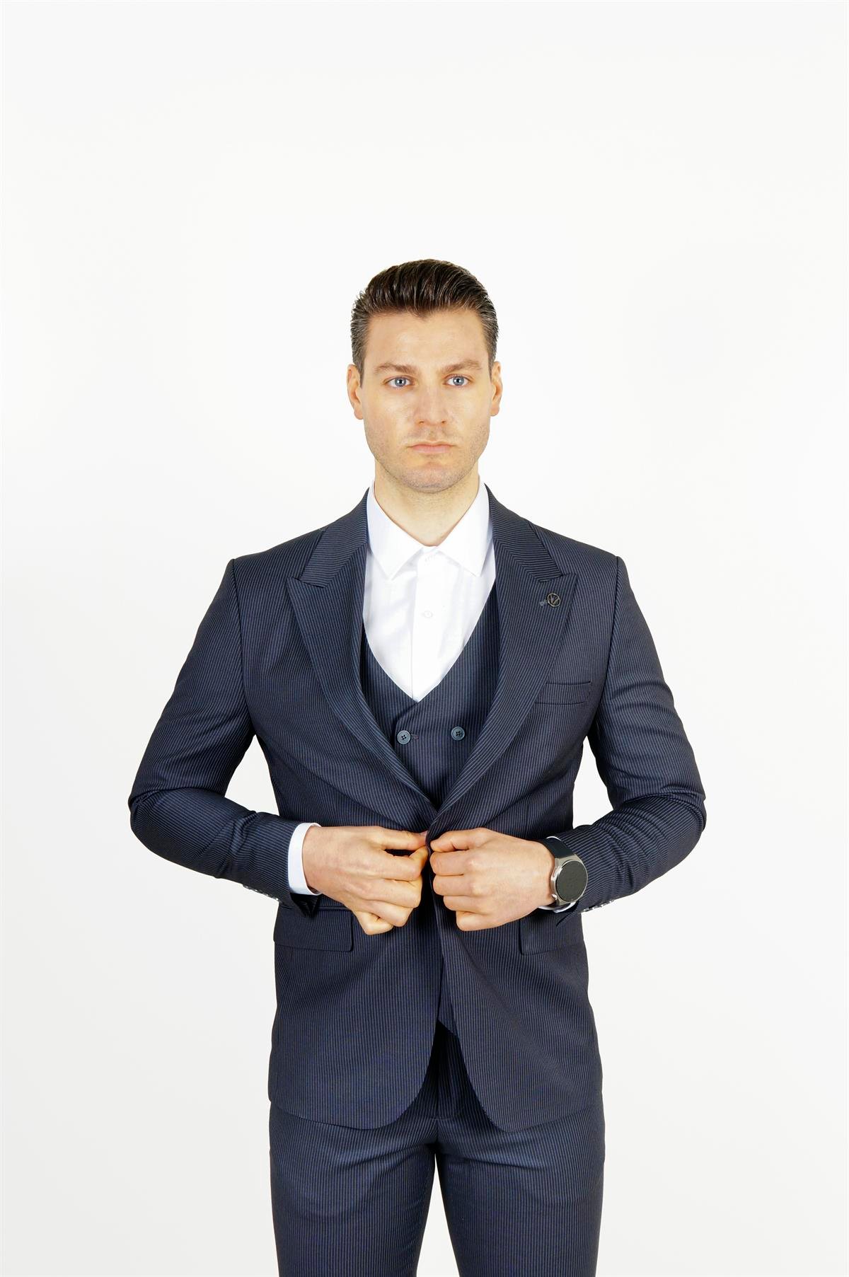 Maserto Slim Fit Lacivert Takım Elbise Çizgi Desenli