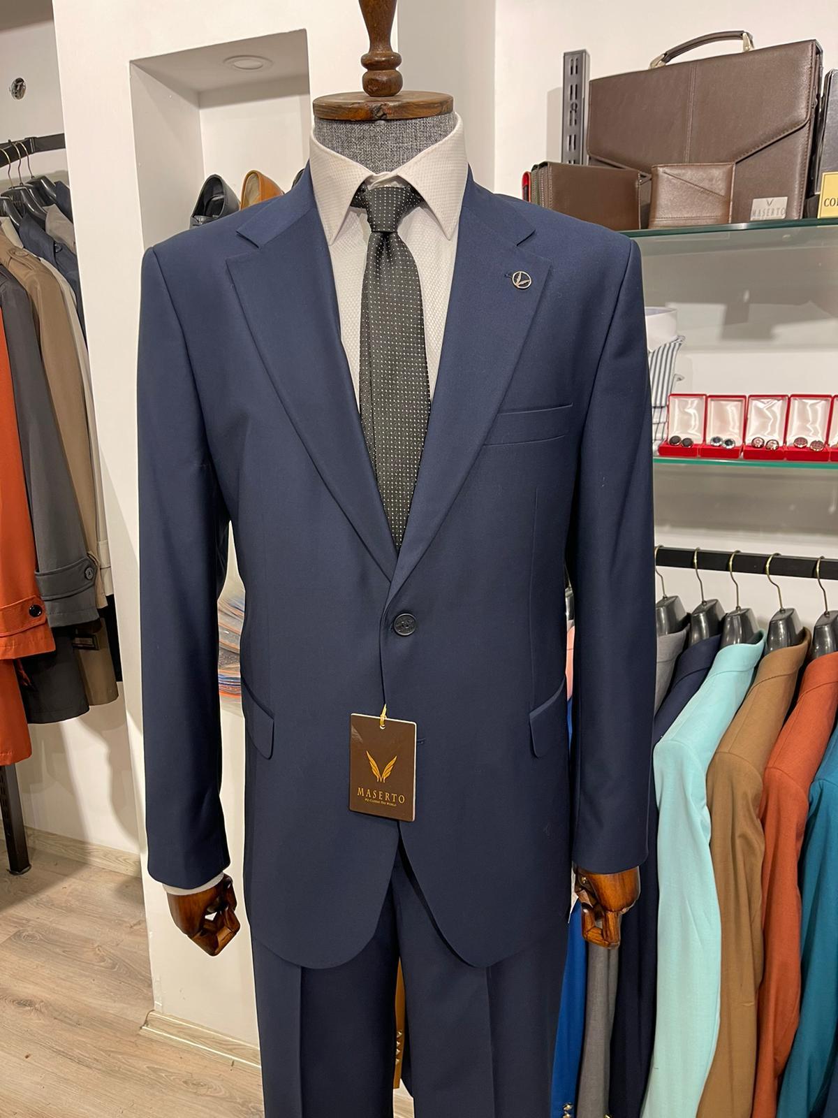 Maserto Slim Fit Lacivert Takım Elbise Düz Desenli