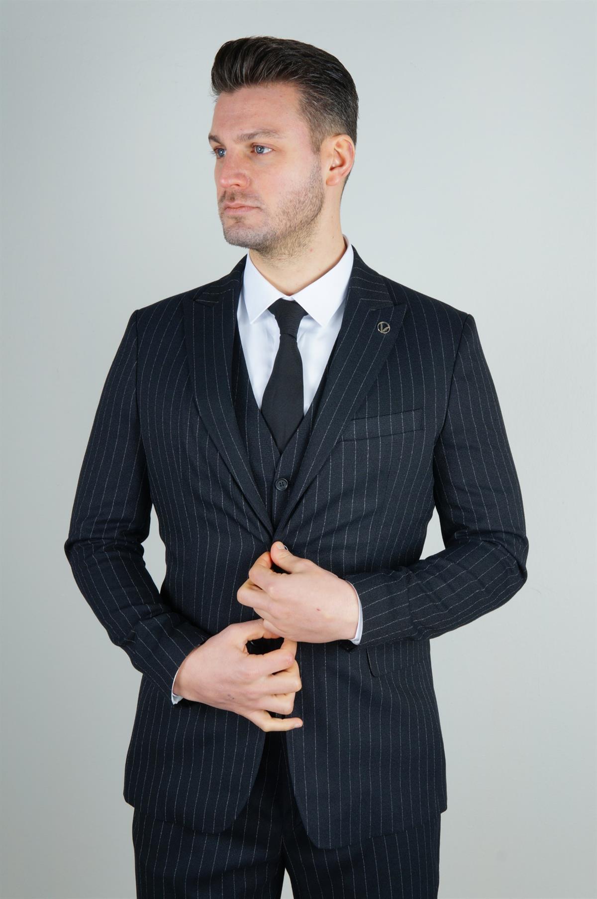 Maserto Slim Fit Lacivert Takım Elbise Çizgili Desenli